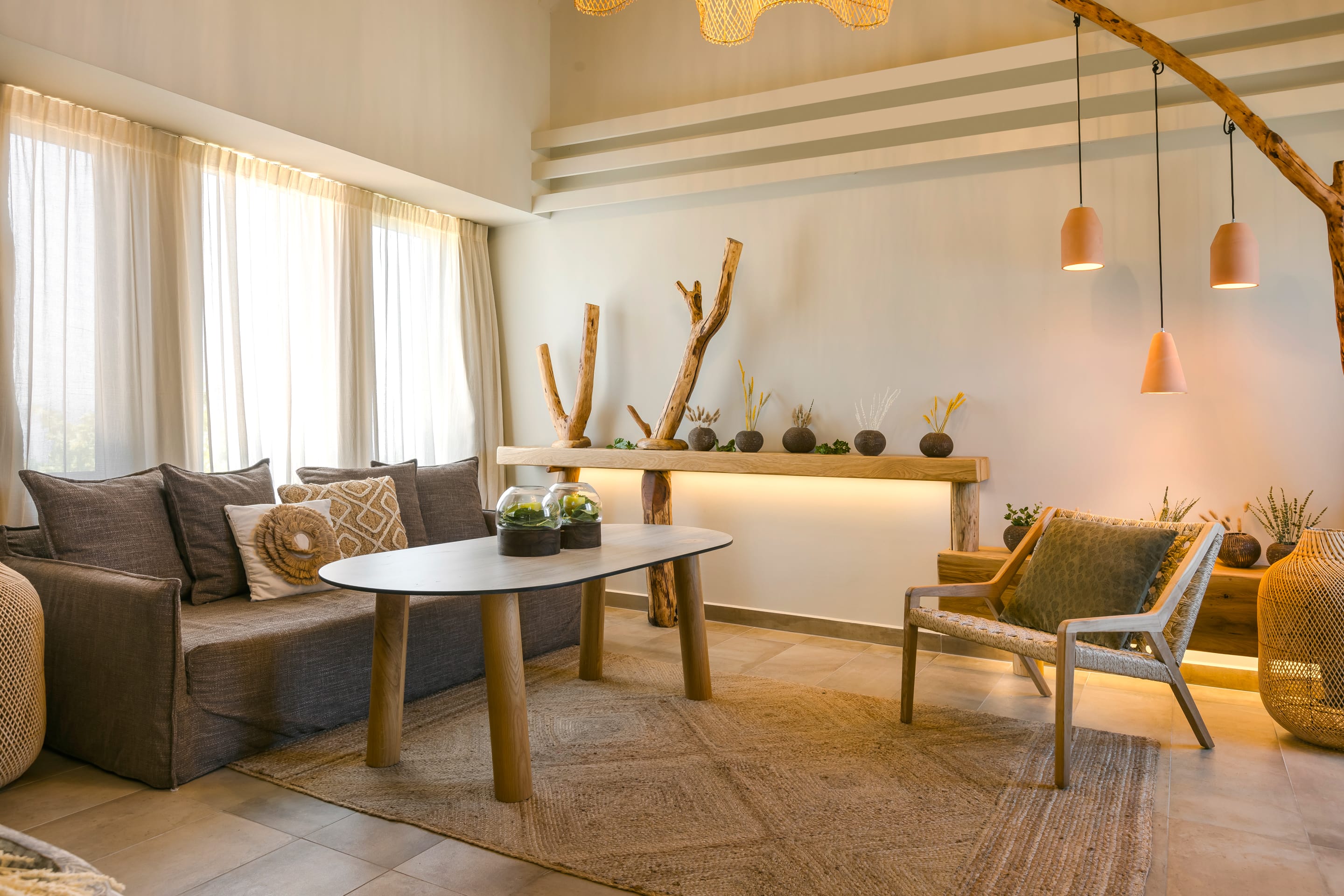 a living room with a couch and a table