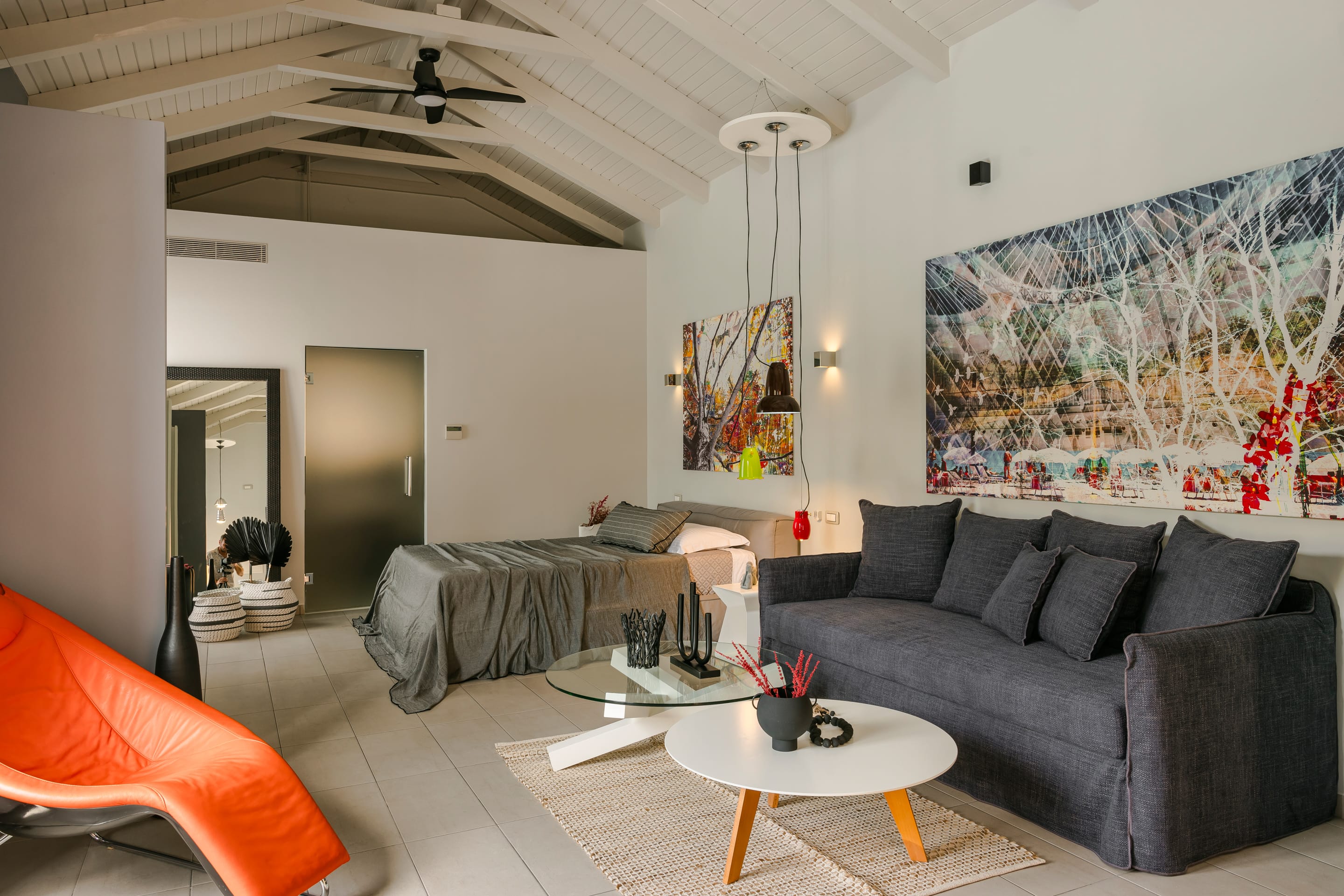 a living room with a couch and a table