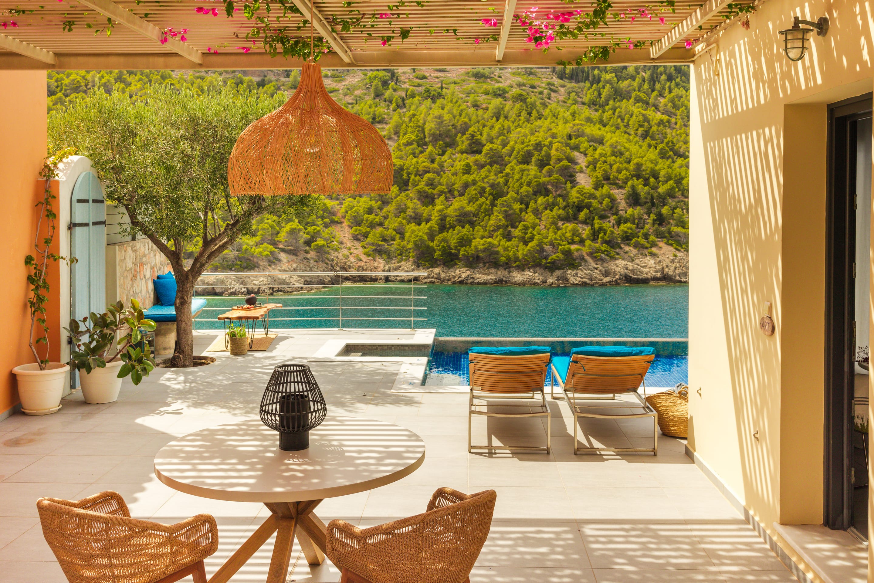 a pool with chairs around it