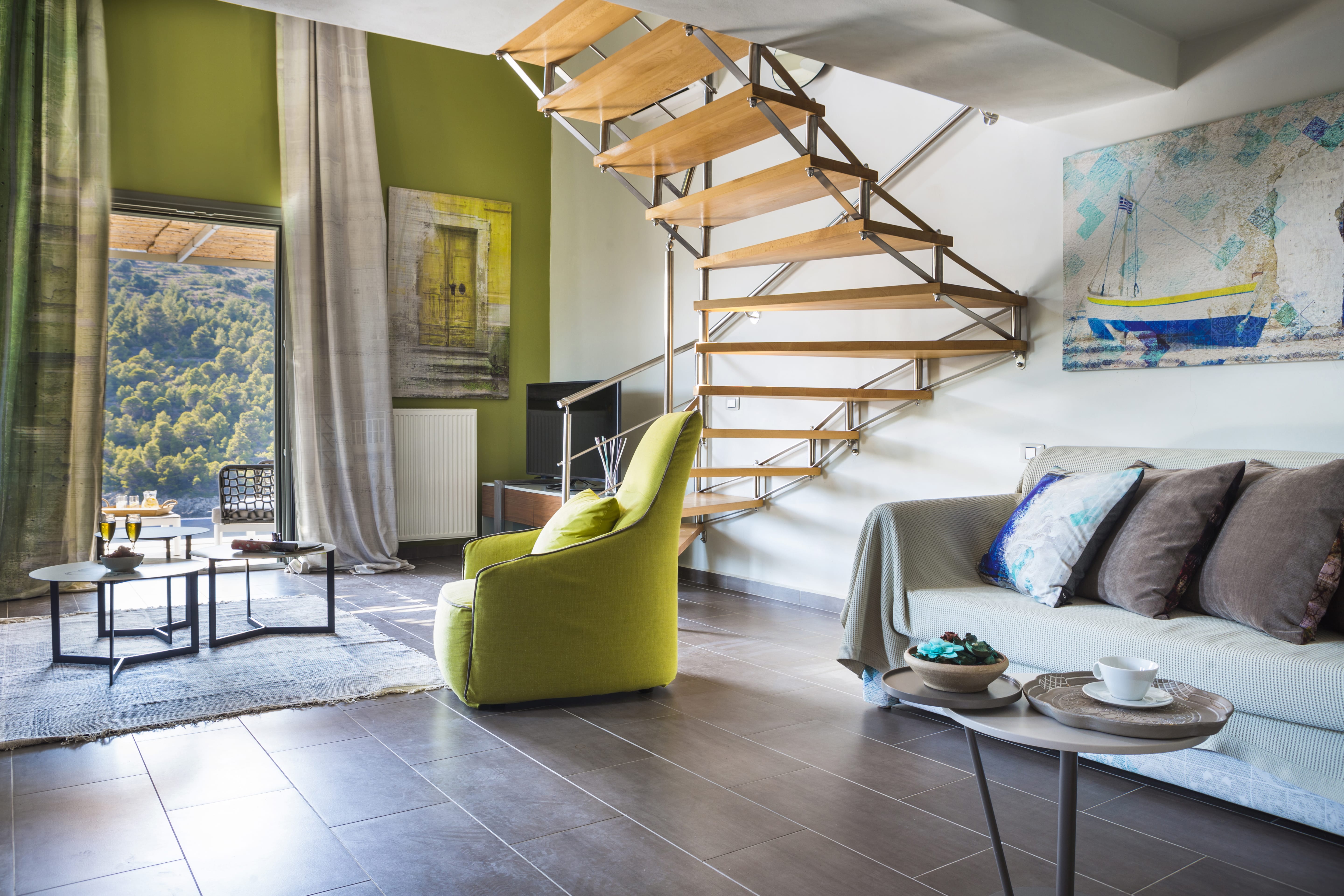 a room with a couch and a table