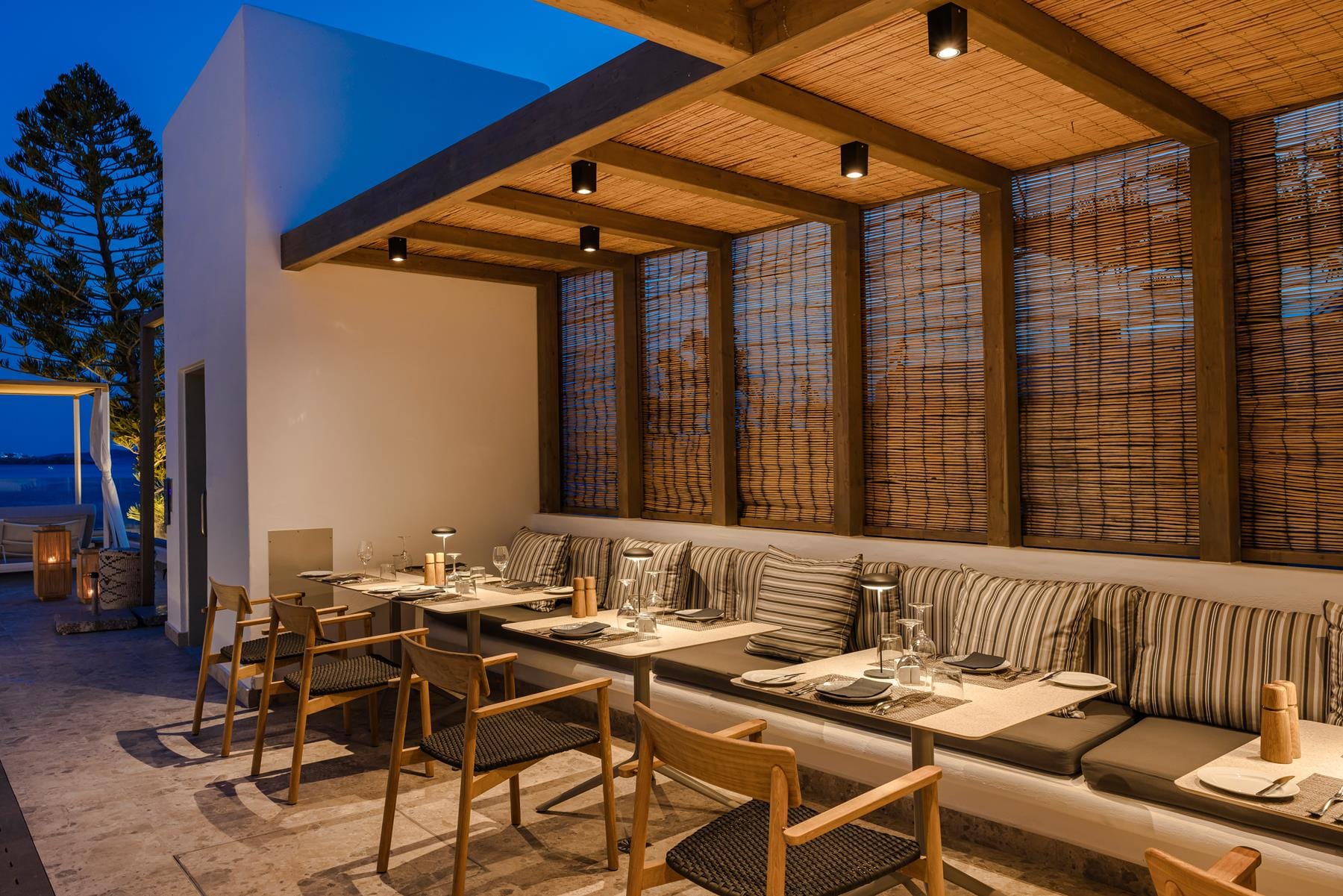 a room with tables and chairs