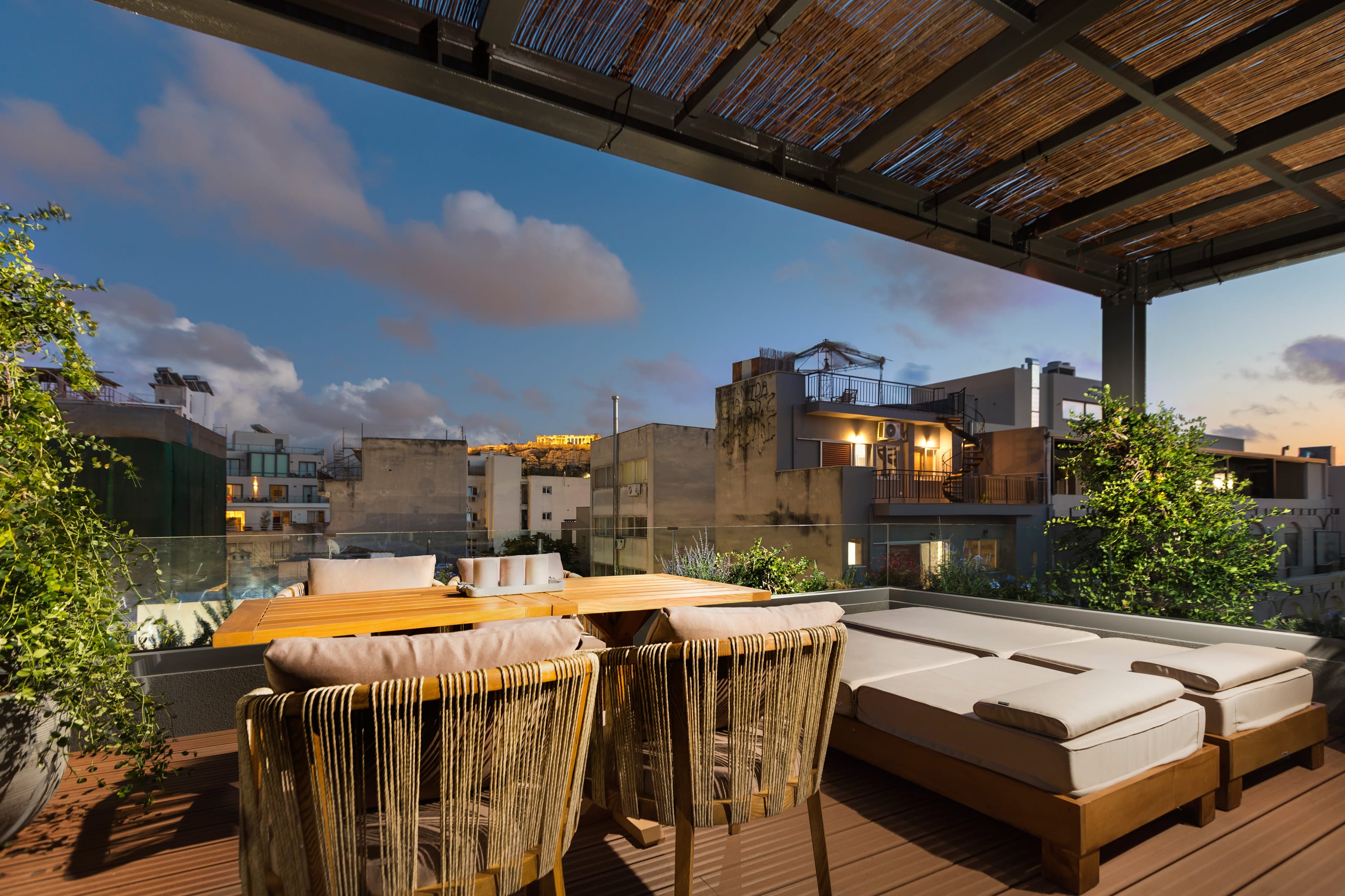 a table and chairs on a deck