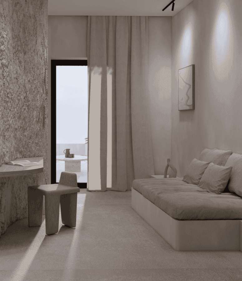 a room with a bed and a table