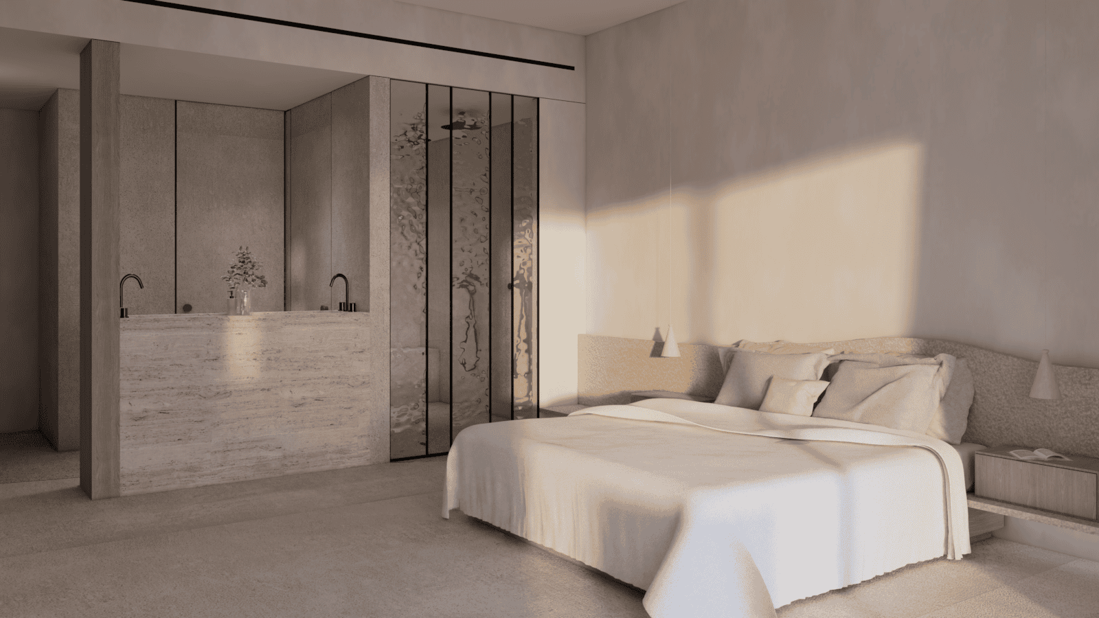 a bathroom with two beds