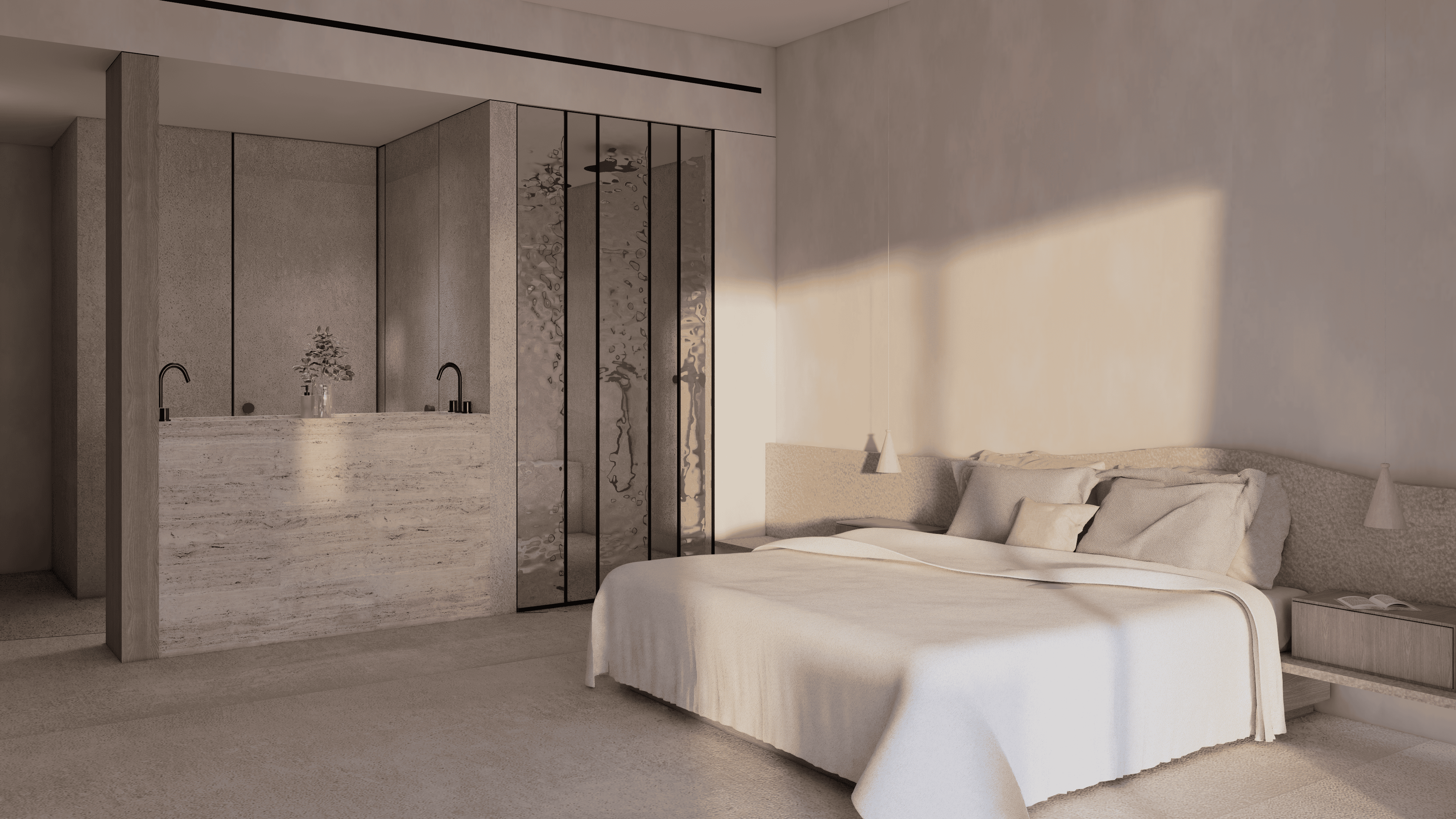 a bathroom with two beds
