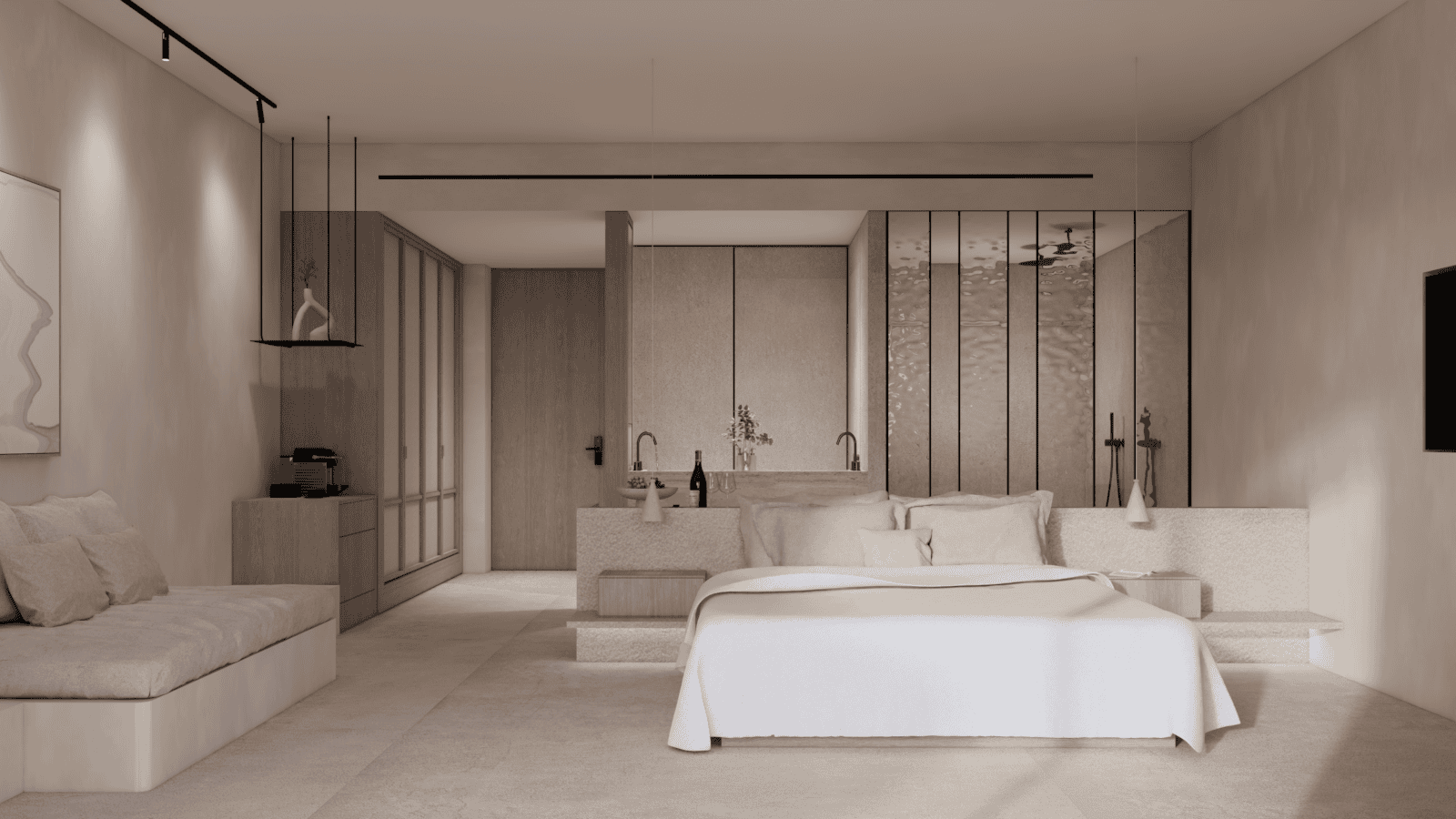 a large bathroom with a large bathtub and a large mirror