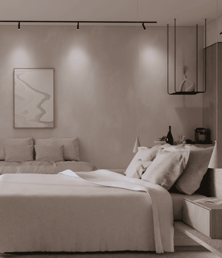 a bed with a white bed spread