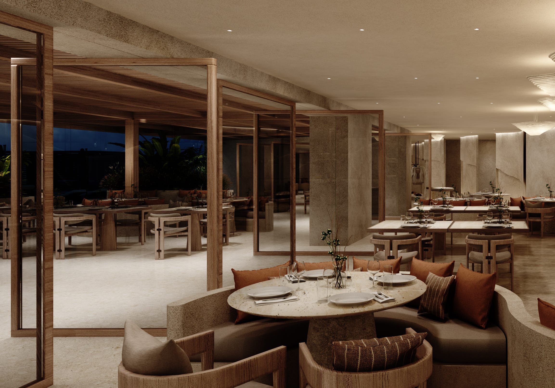 a room with tables and chairs