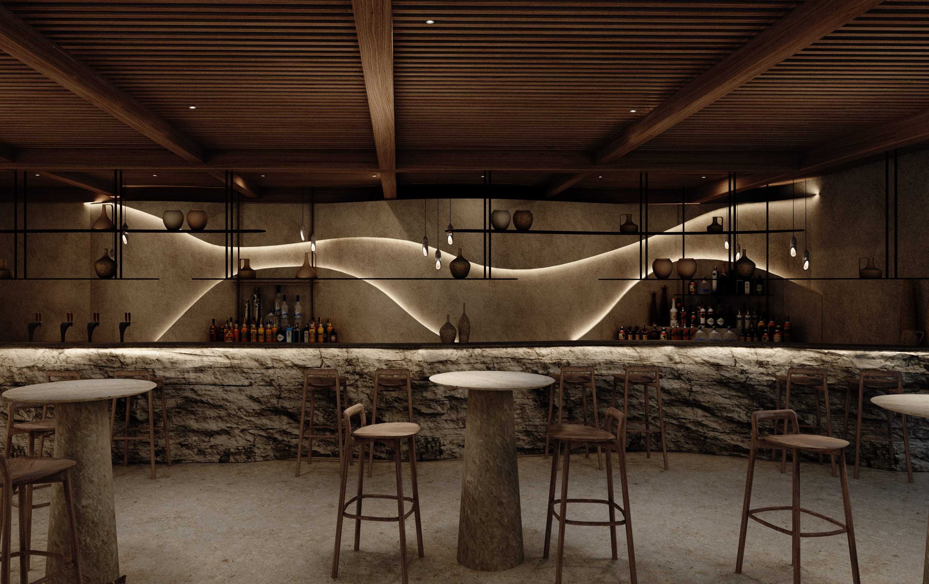a group of stools in a room with a large pipe