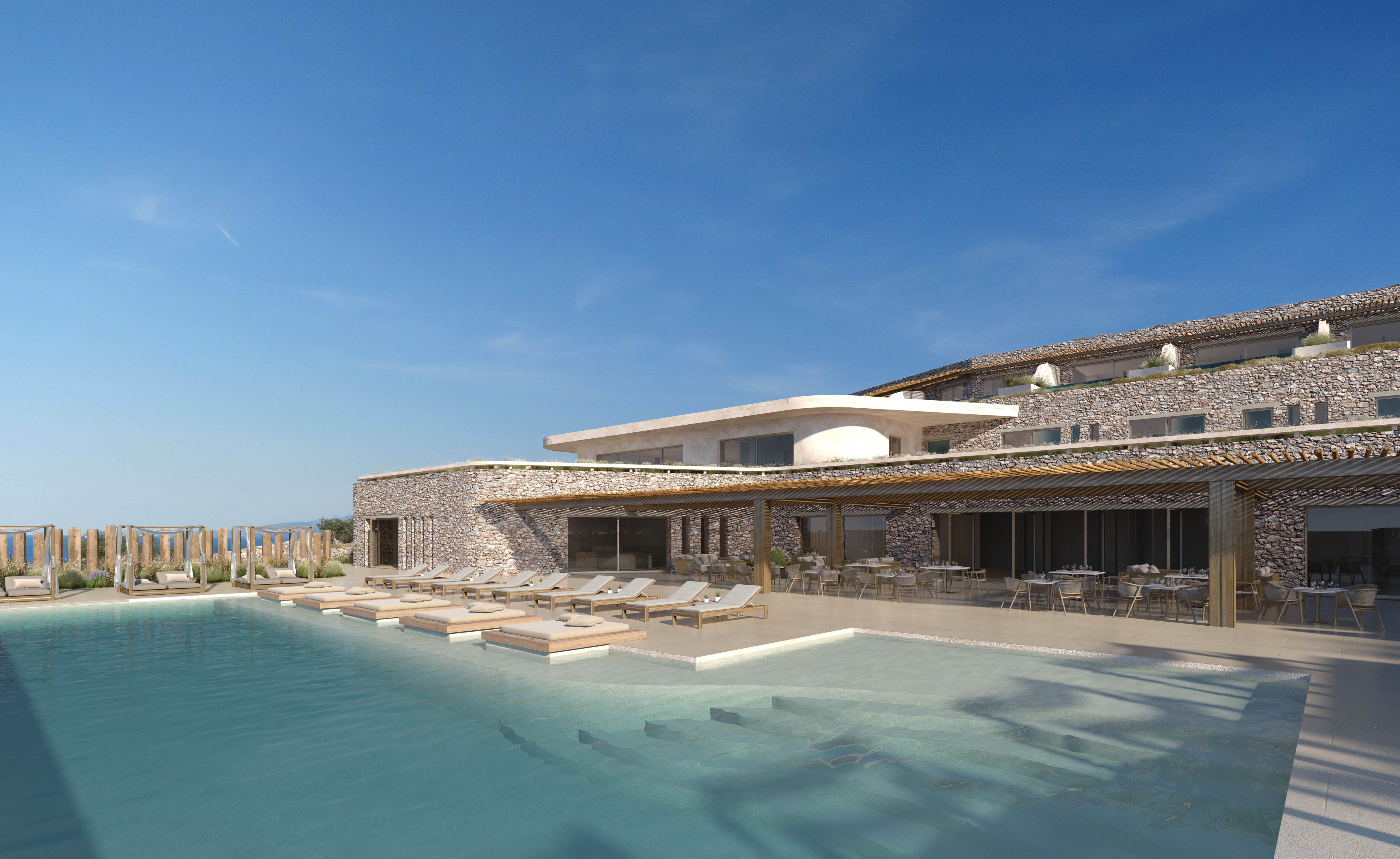 a building with a pool in front