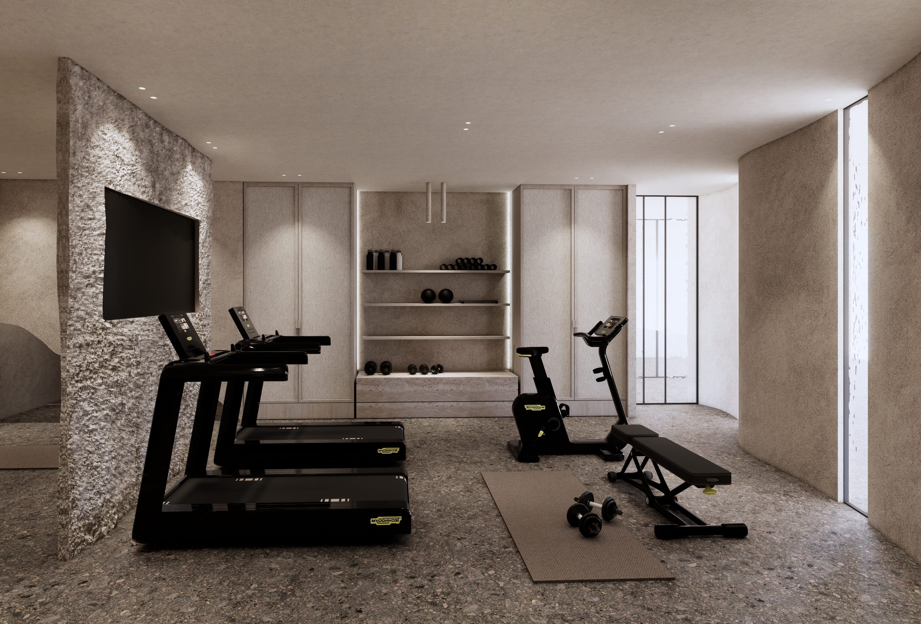 a room with a tv and furniture