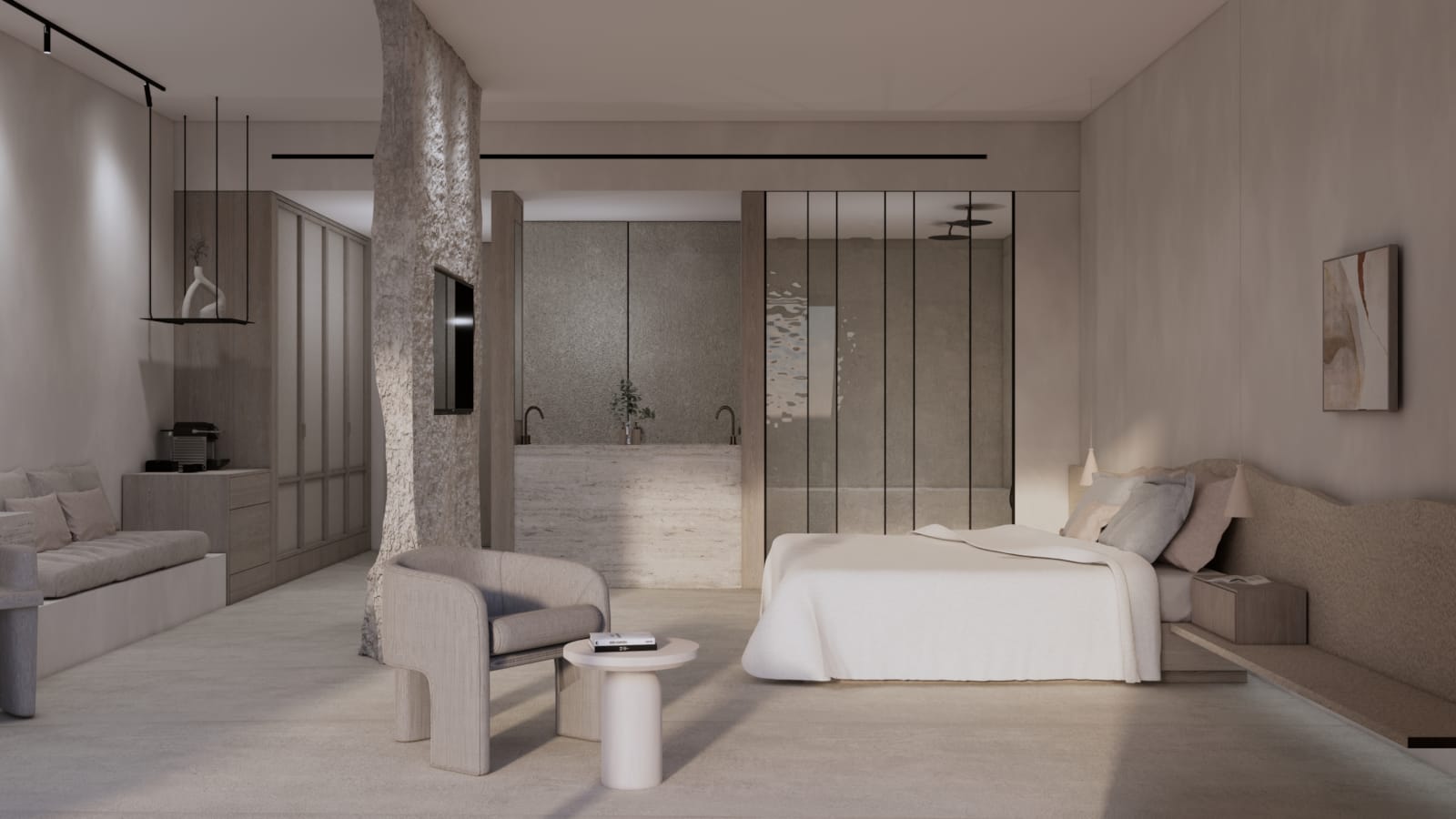 a large room with a glass shower