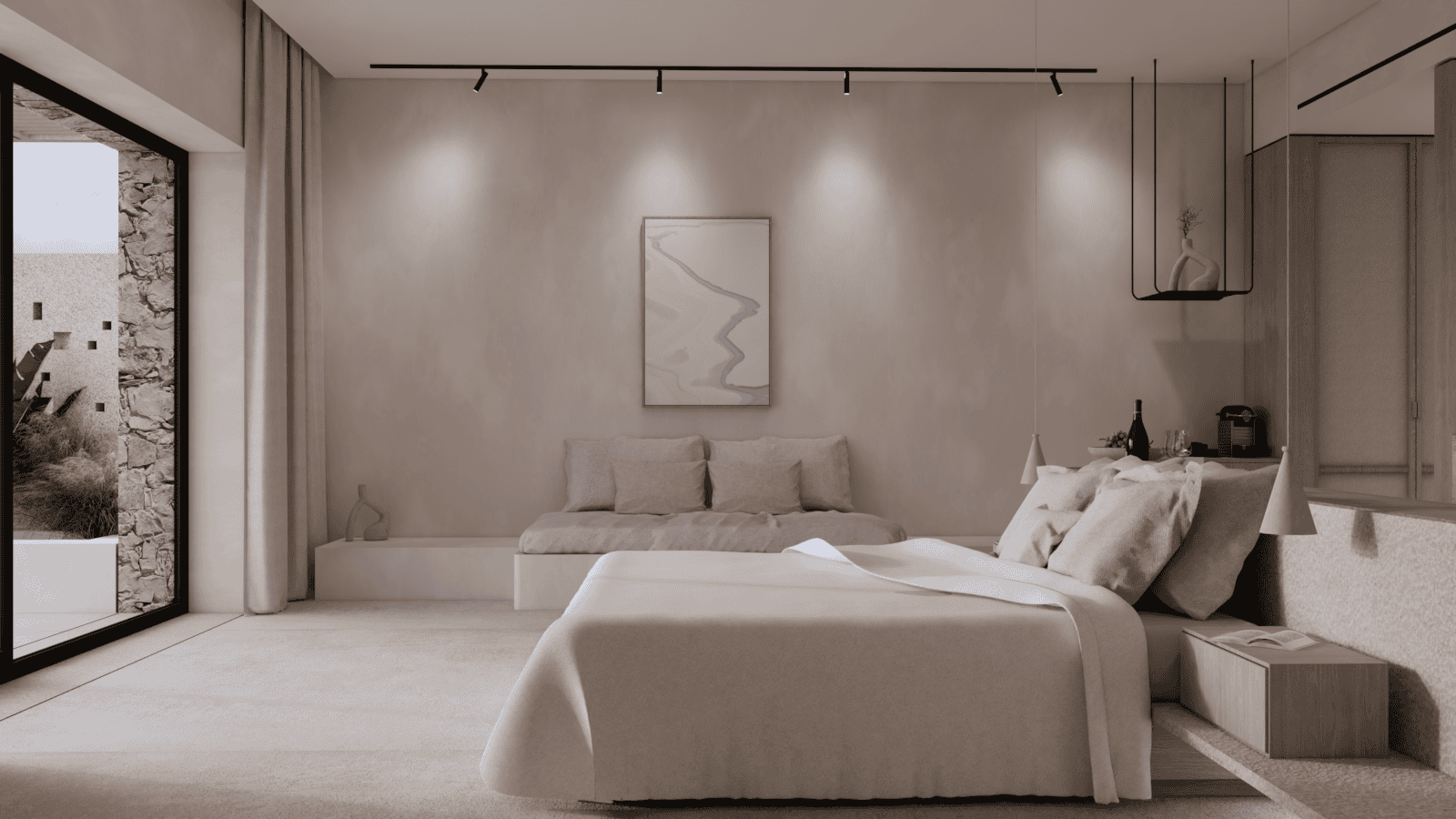 a bedroom with a bed and a couch