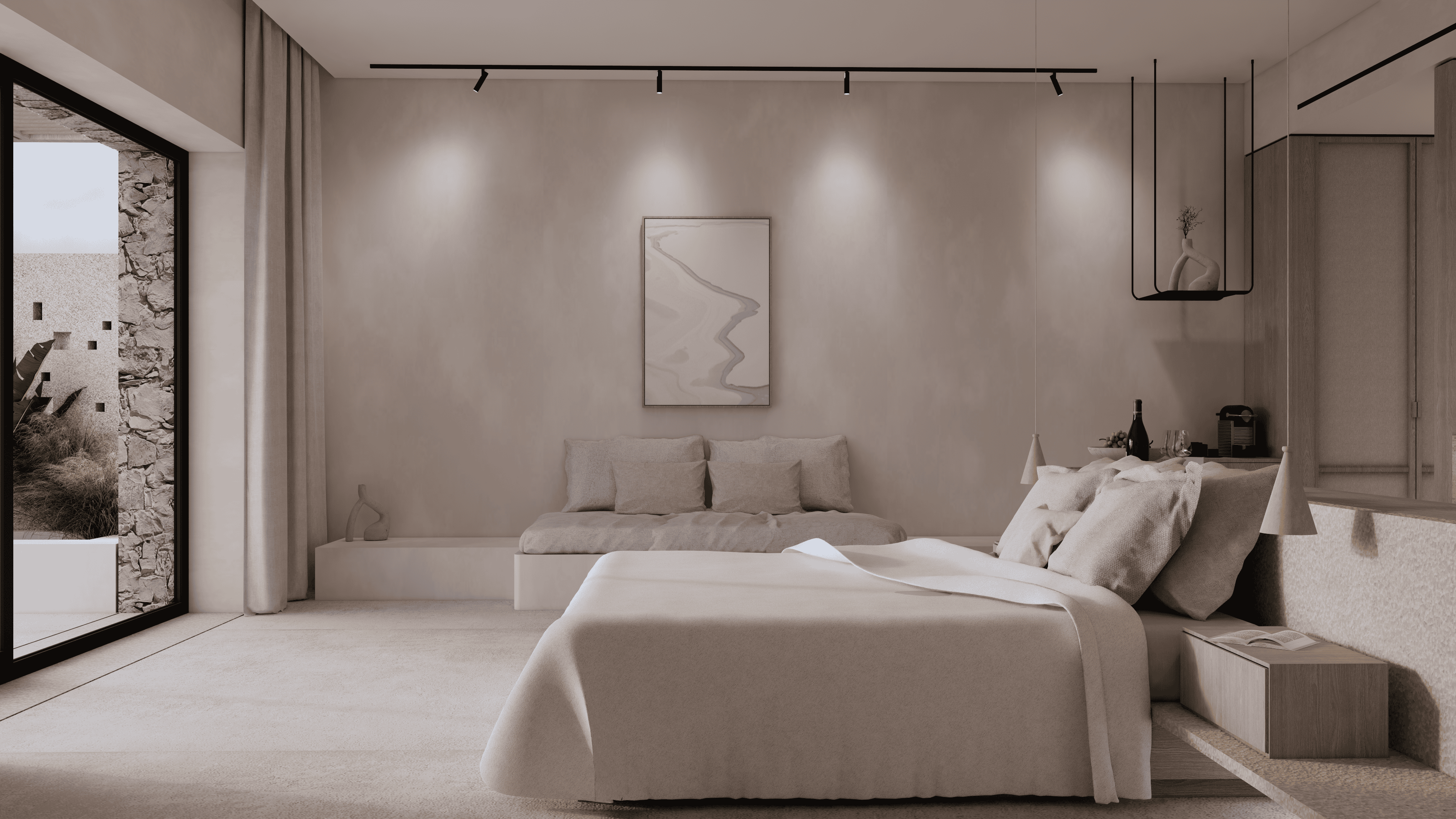 a bedroom with a bed and a couch