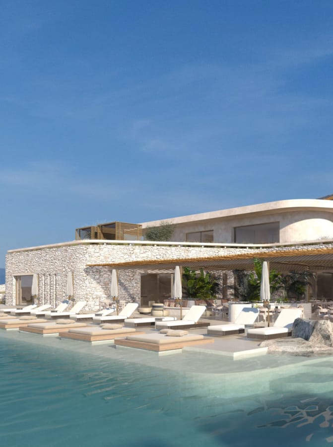 a swimming pool with a building in the background