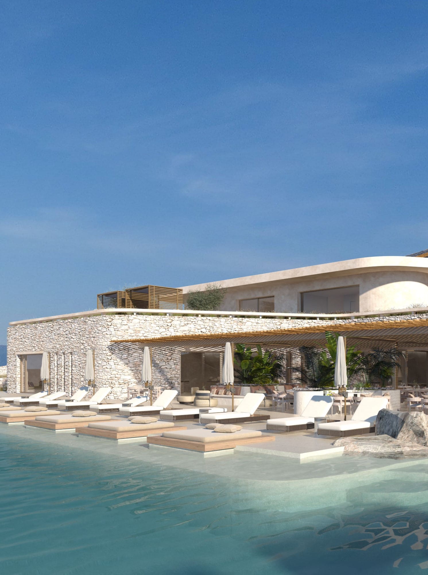 a swimming pool with a building in the background