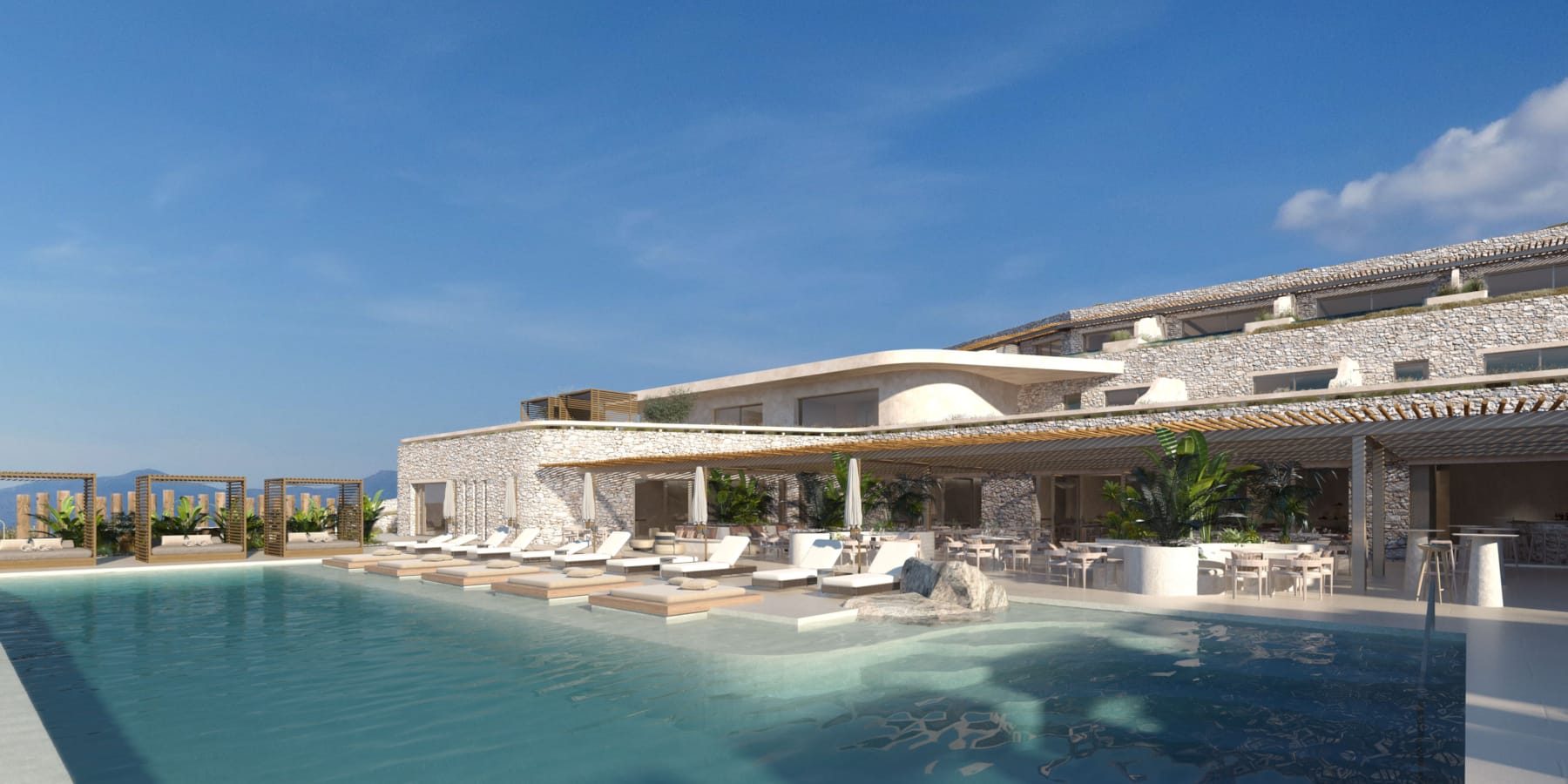 a swimming pool outside of a building