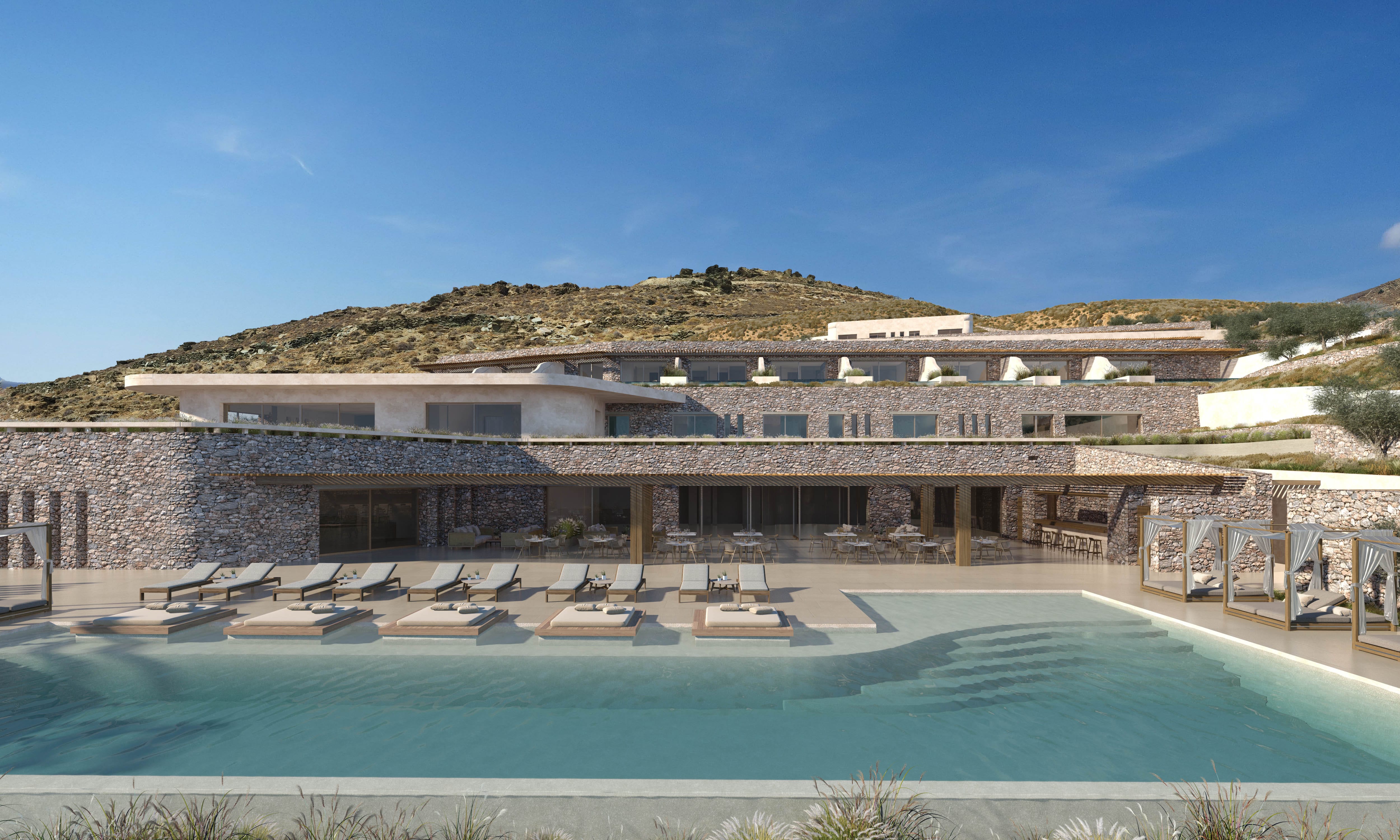 a building with a pool in front of it