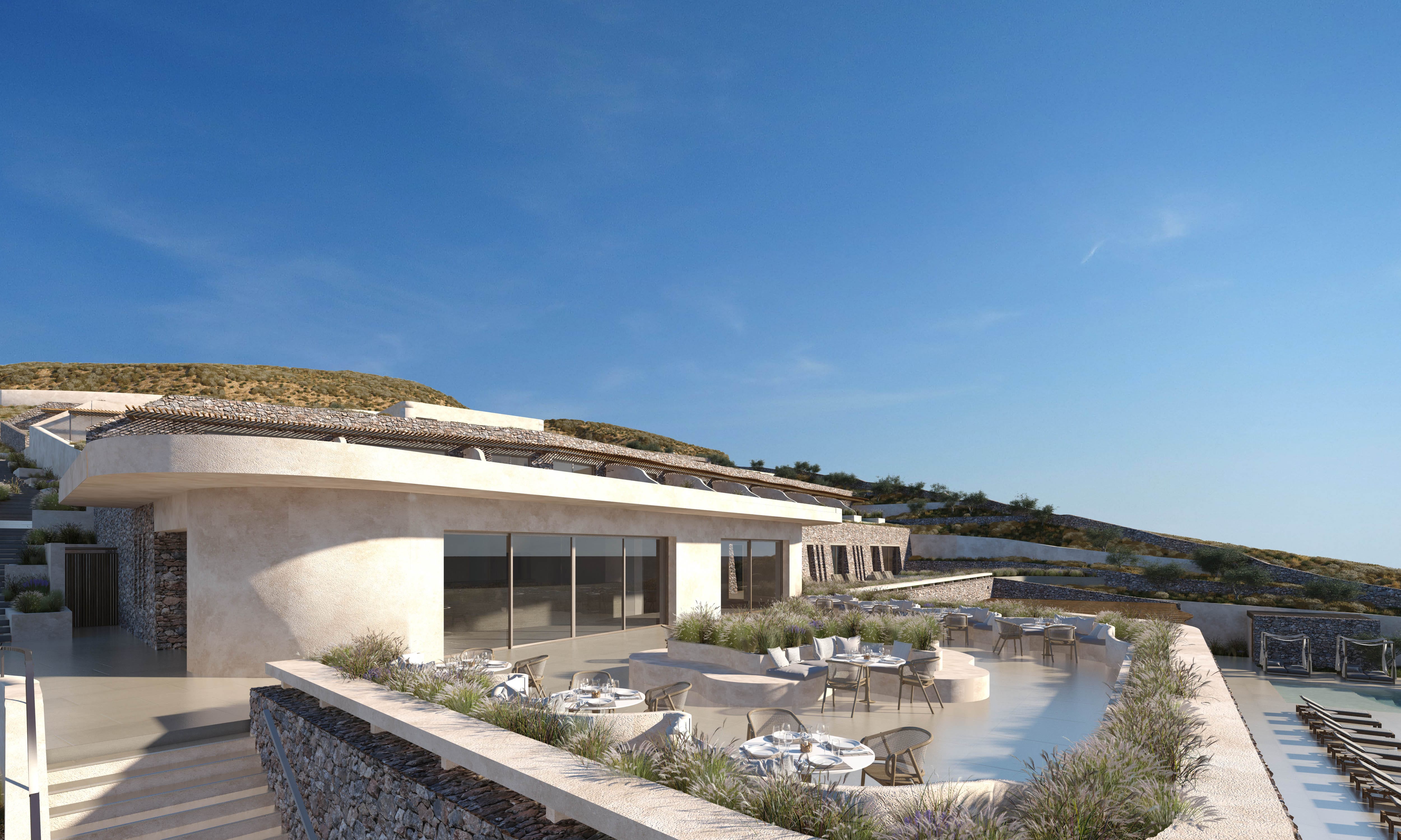 a building with a pool in the front