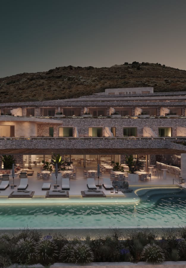 a pool with chairs around it