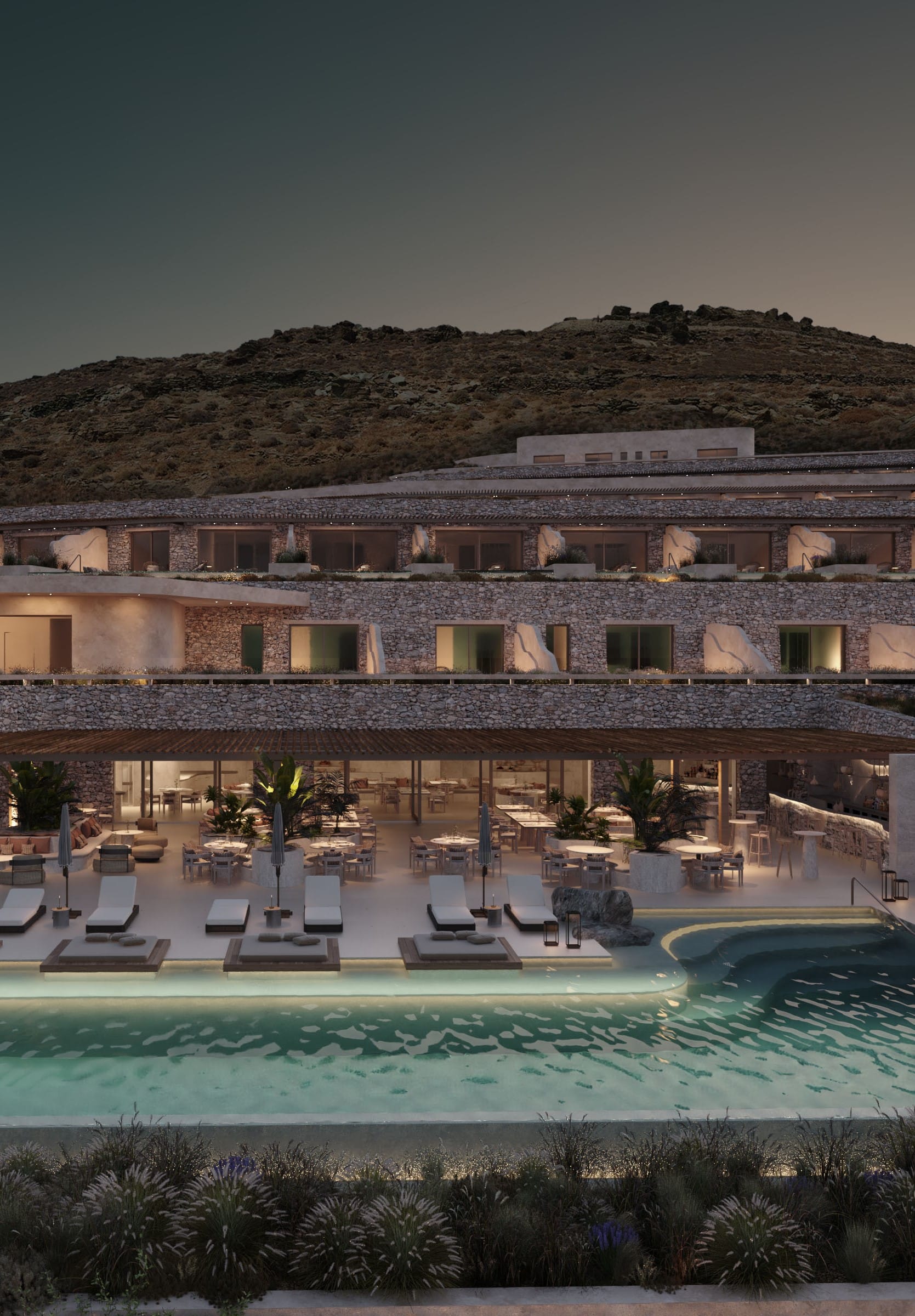 a pool with chairs around it