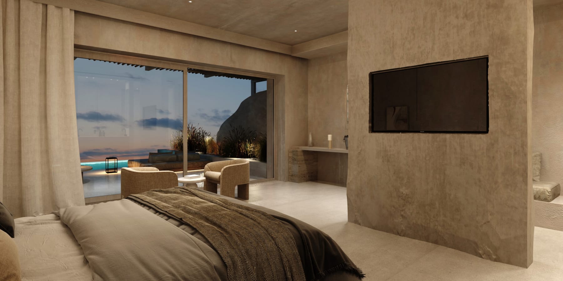 a bedroom with a large window