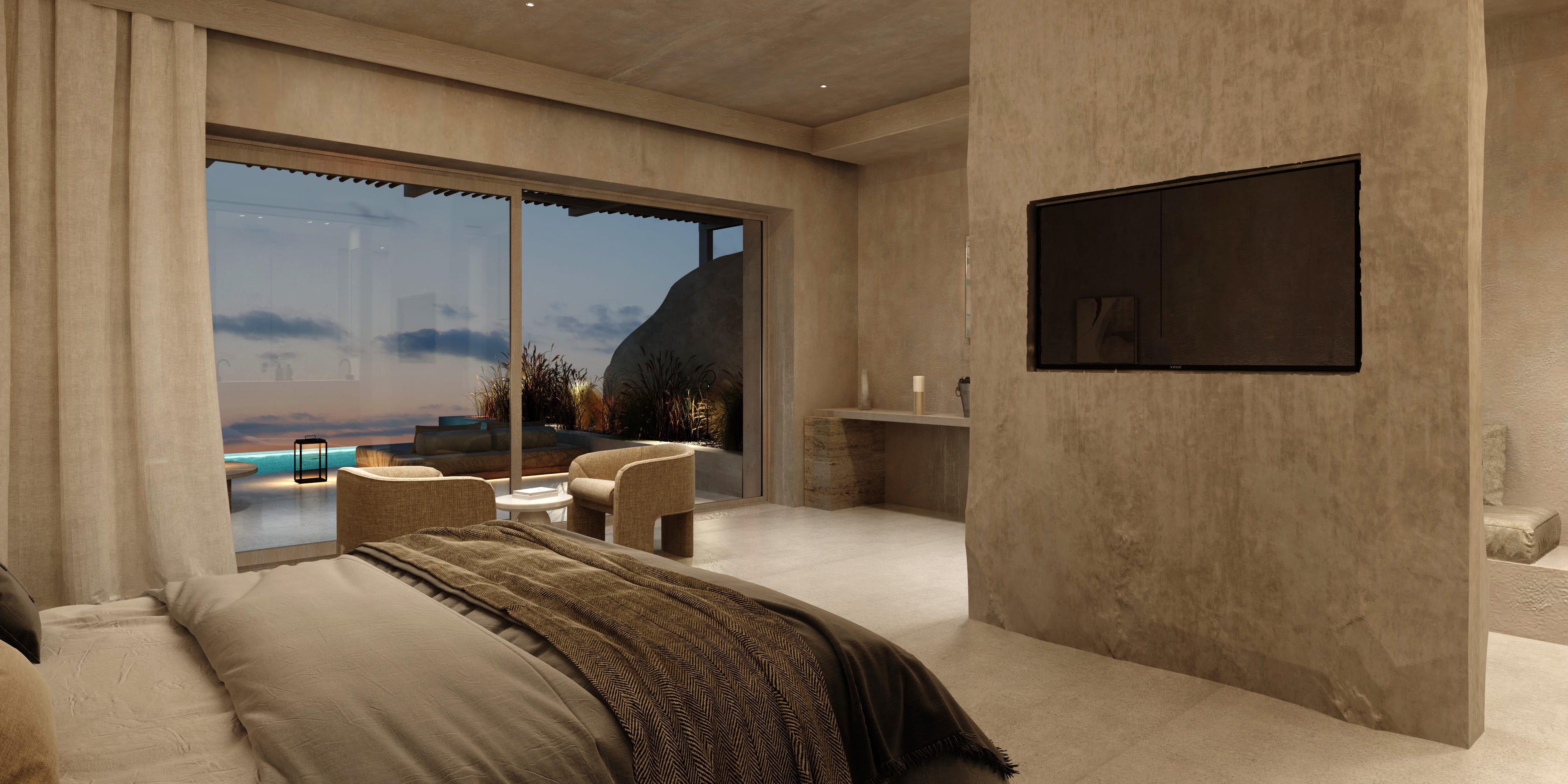 a bedroom with a large window