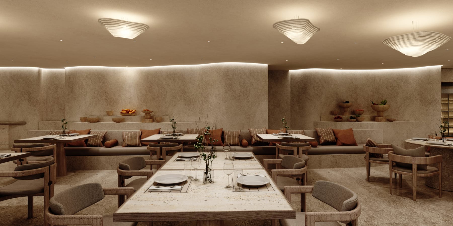 a room with tables and chairs