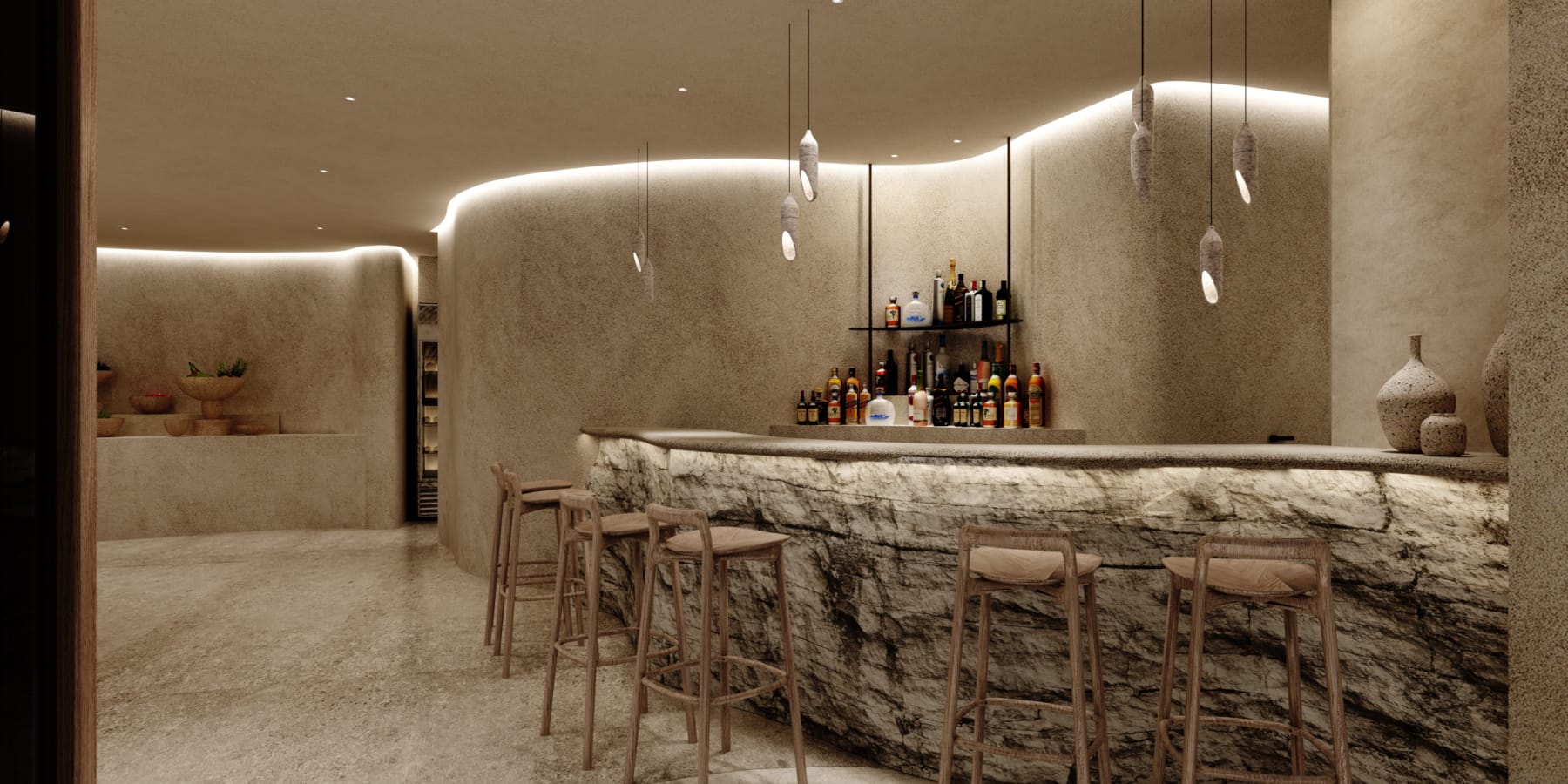 a bar with stools and a shower