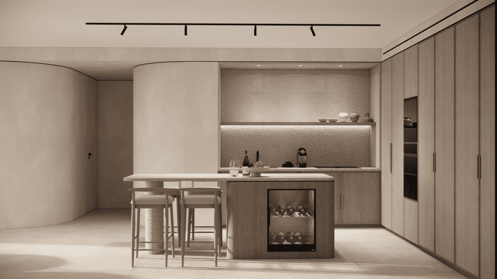 a kitchen with a stove and stools