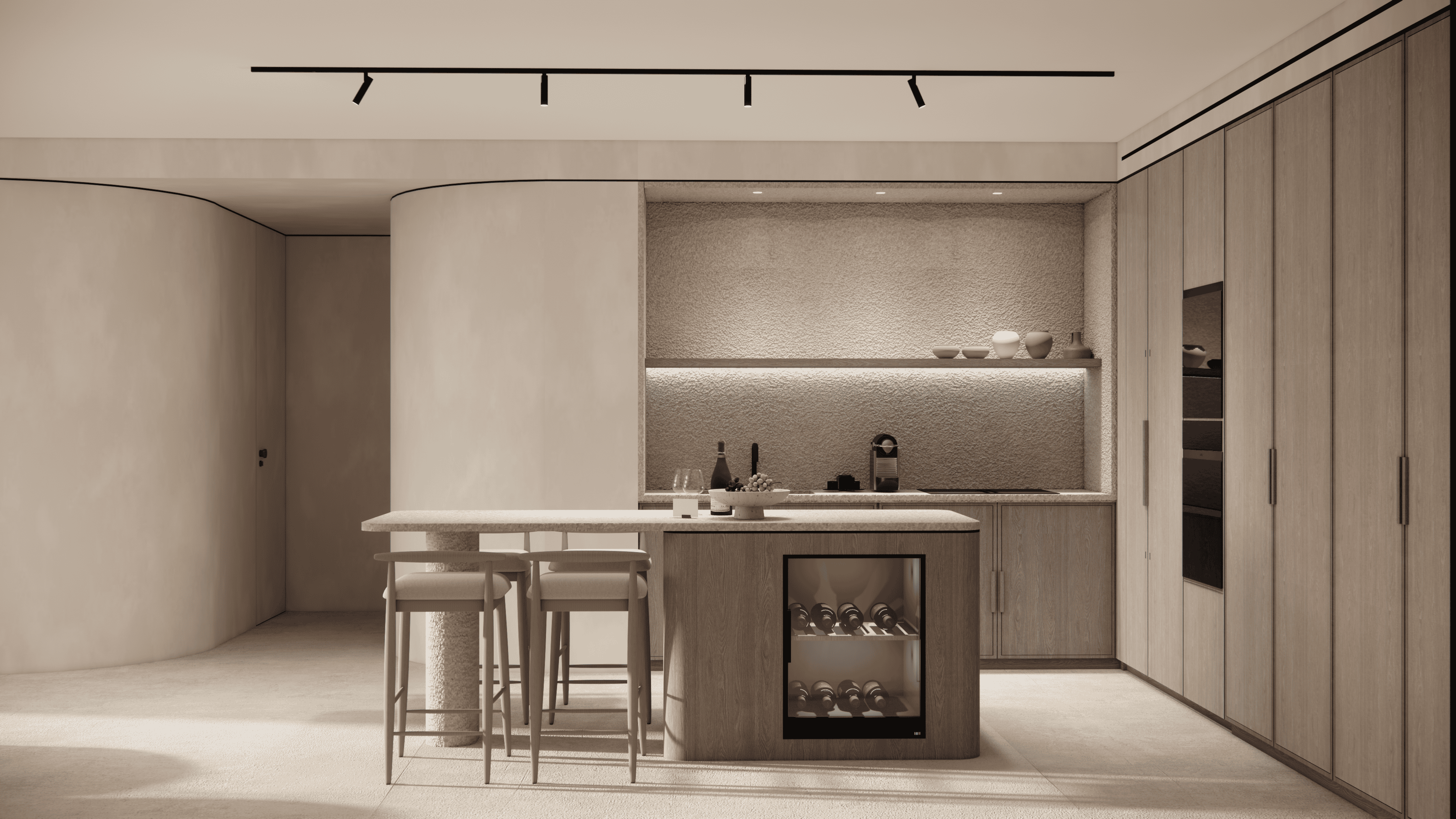 a kitchen with a stove and stools