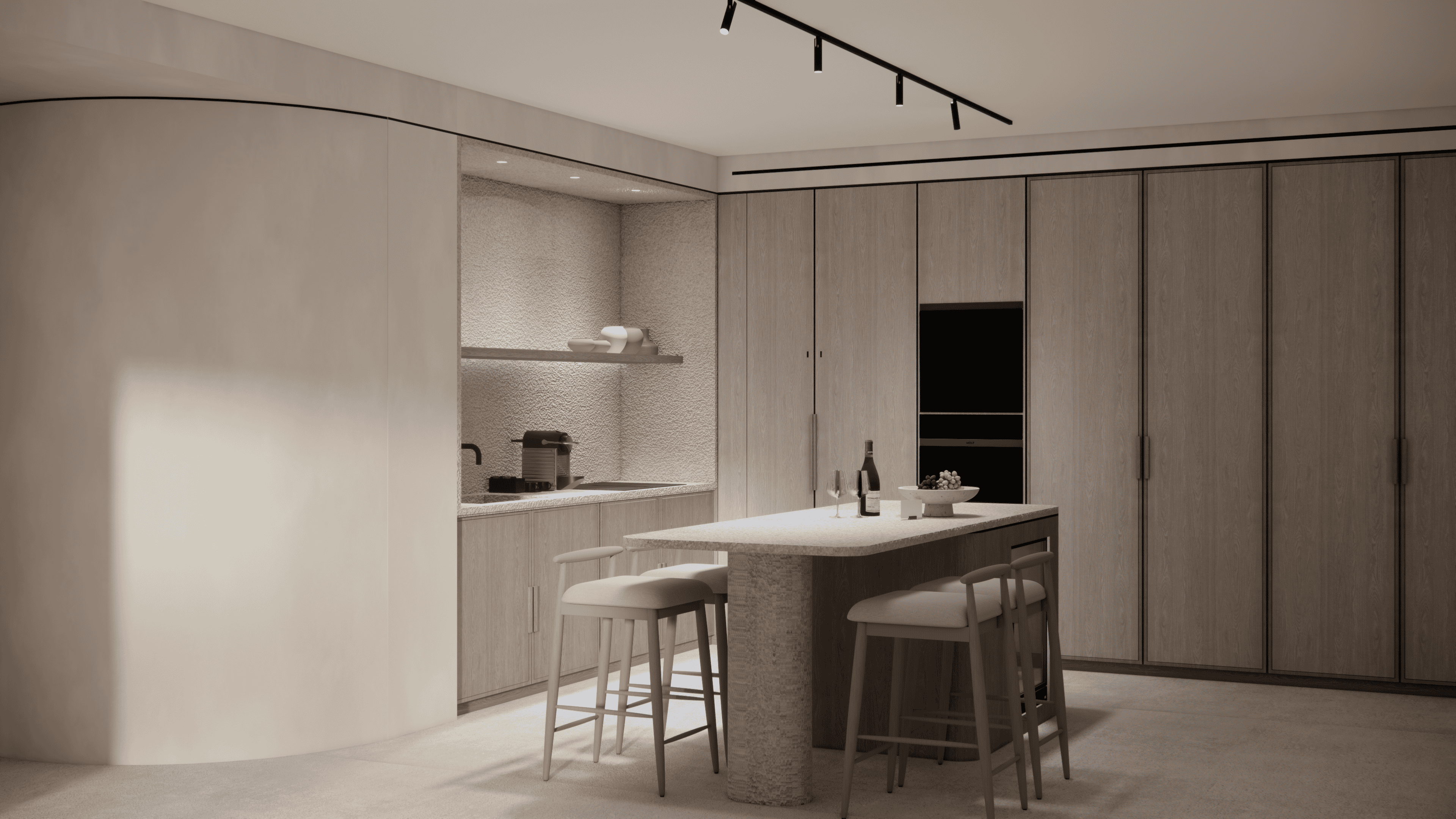 a kitchen with a table and chairs
