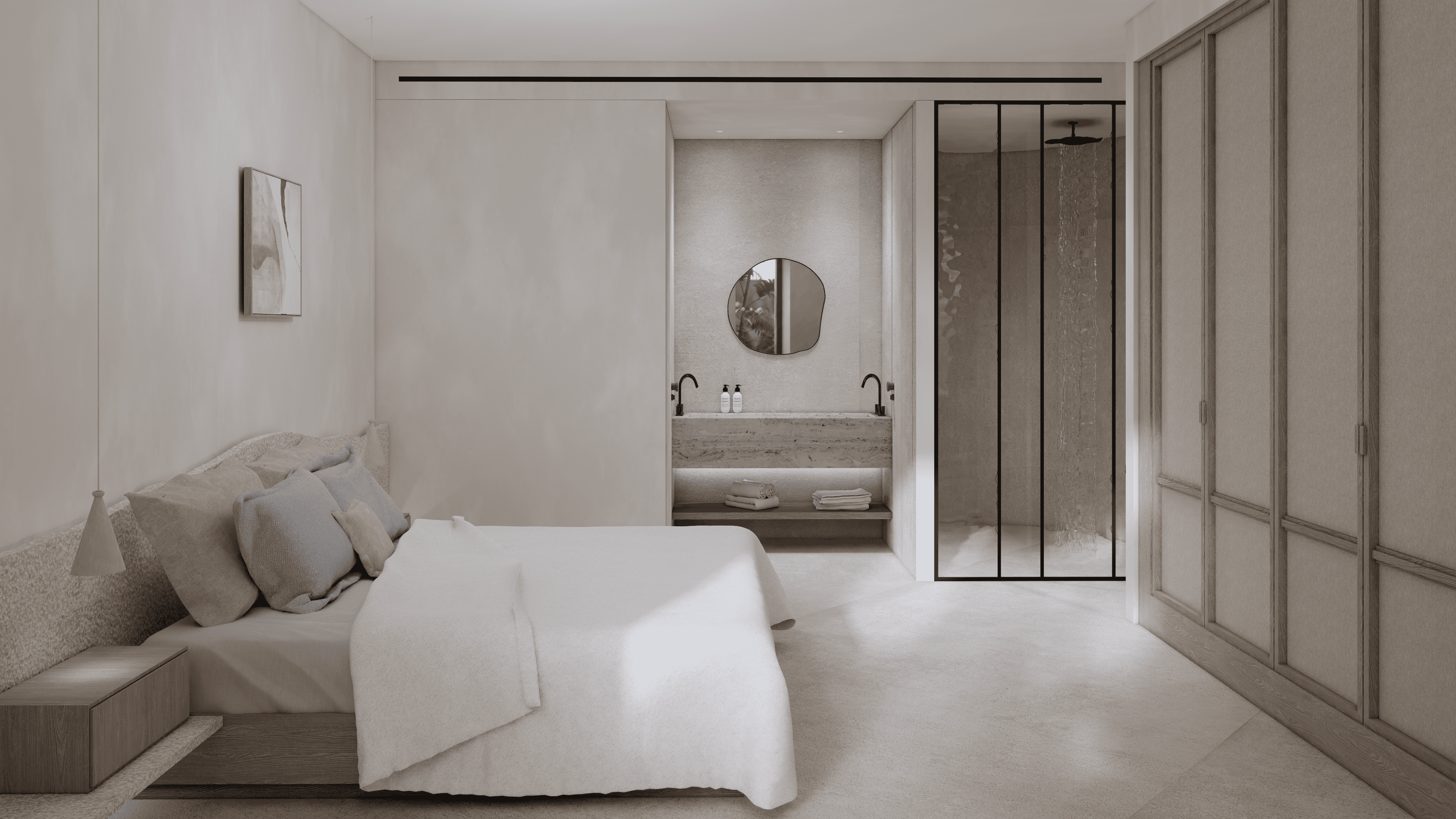 a bathroom with a bathtub and bed