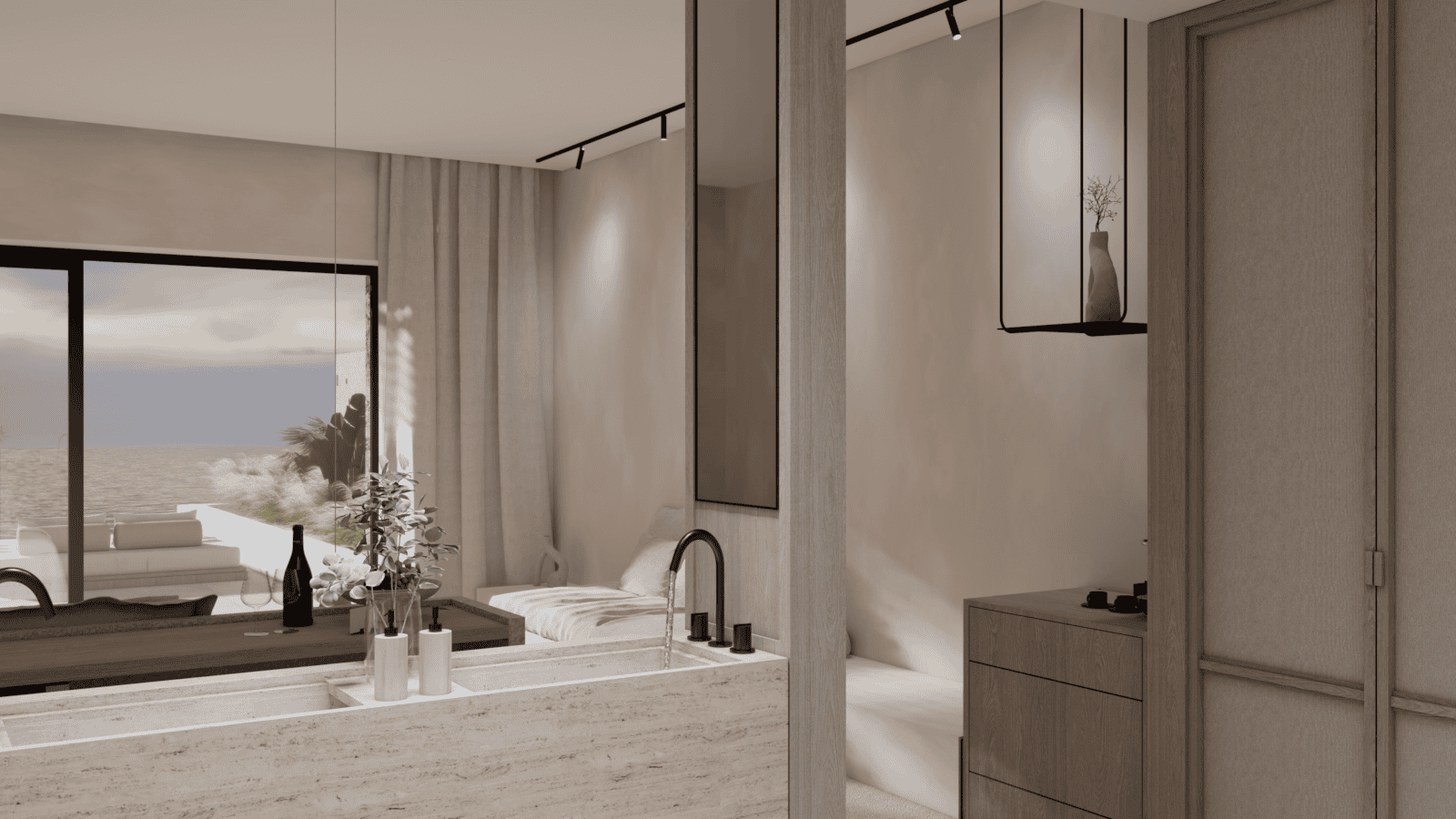 a bathroom with a large window