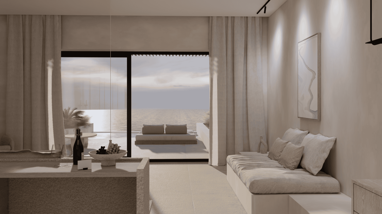 a room with a window and a couch with a table and a bottle