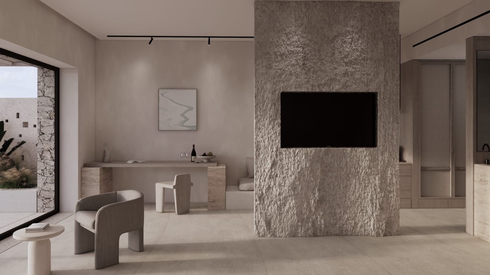 a room with a tv and chairs