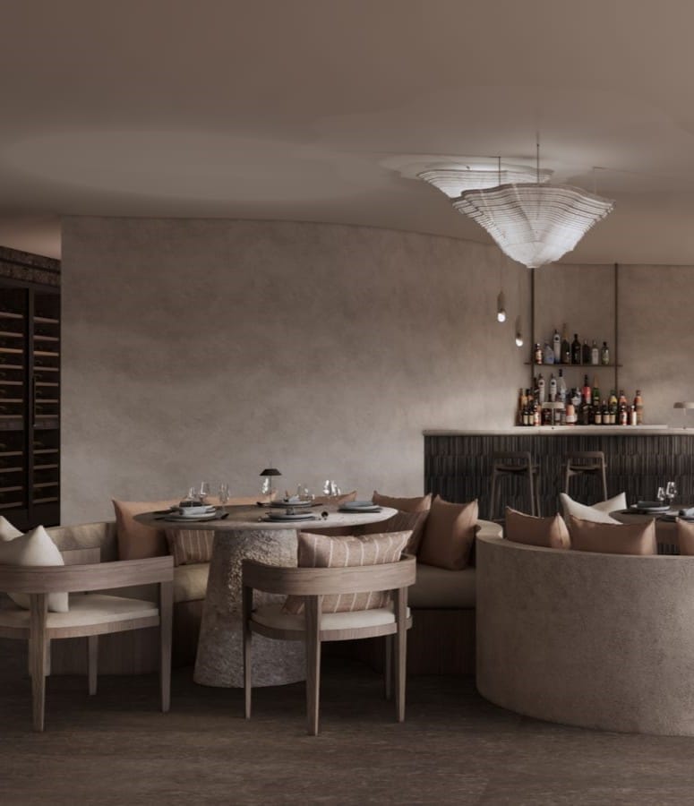 a room with a table and chairs