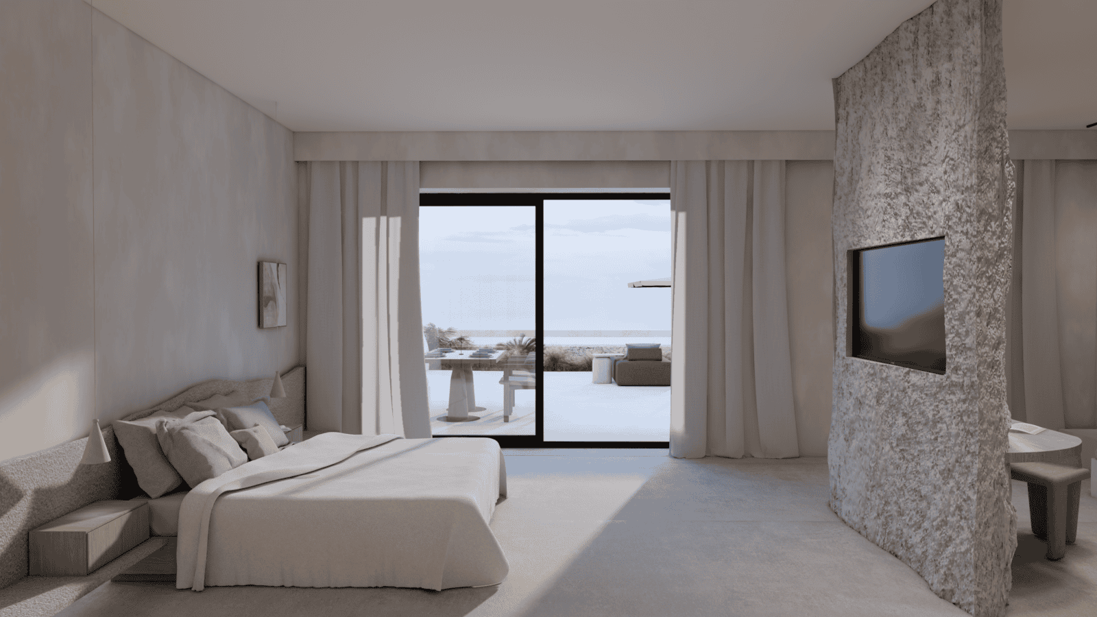 a room with a bed and a tv