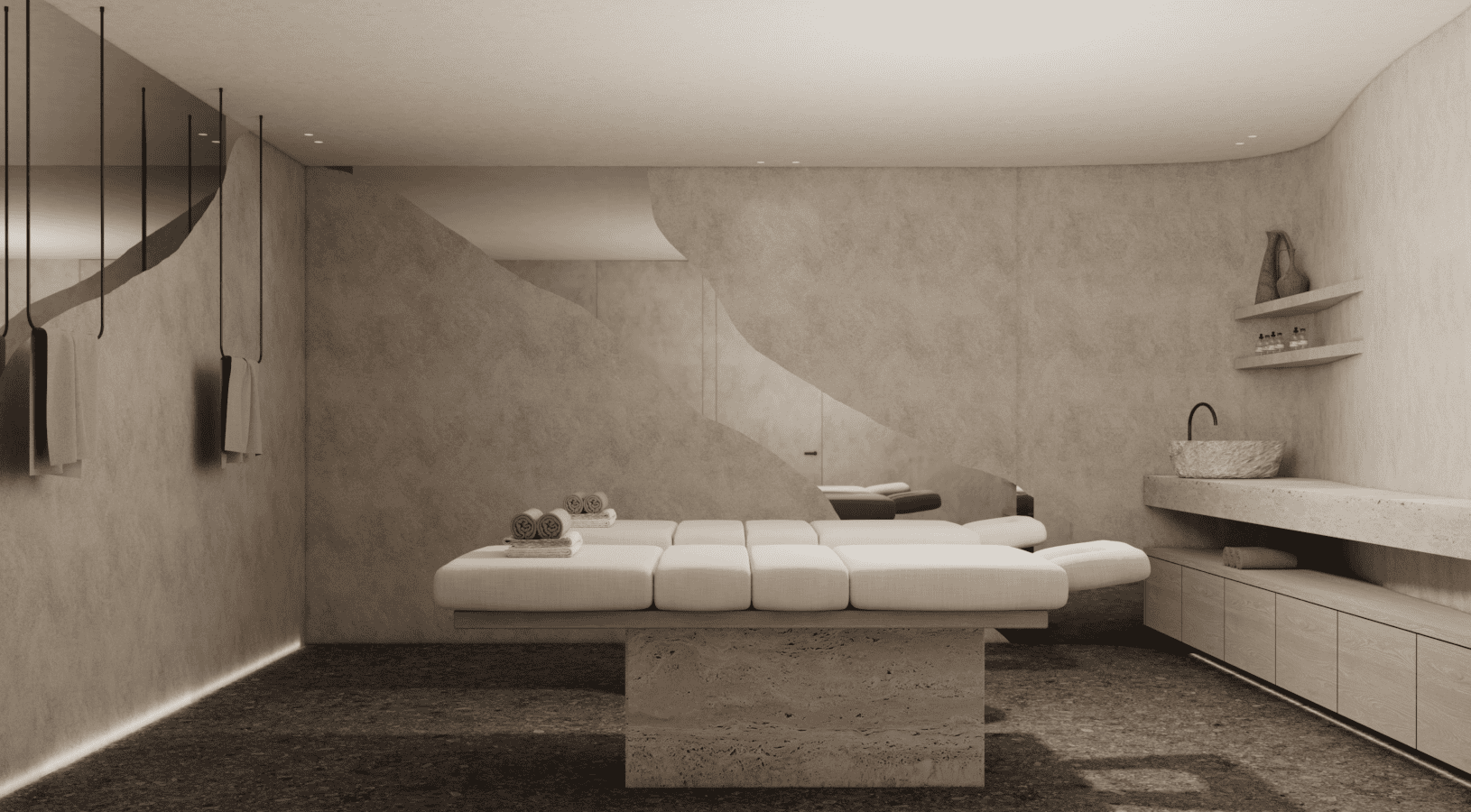 a bathroom with a bathtub and shelves