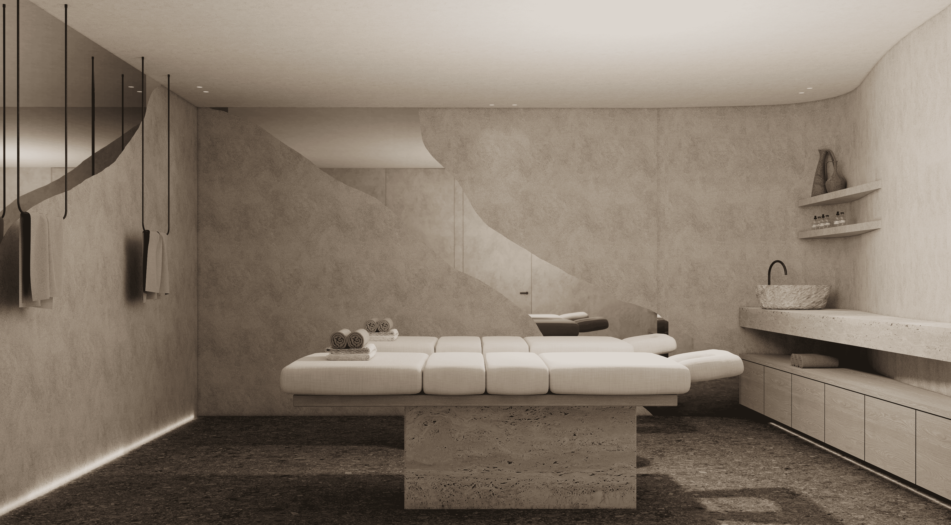 a bathroom with a bathtub and shelves
