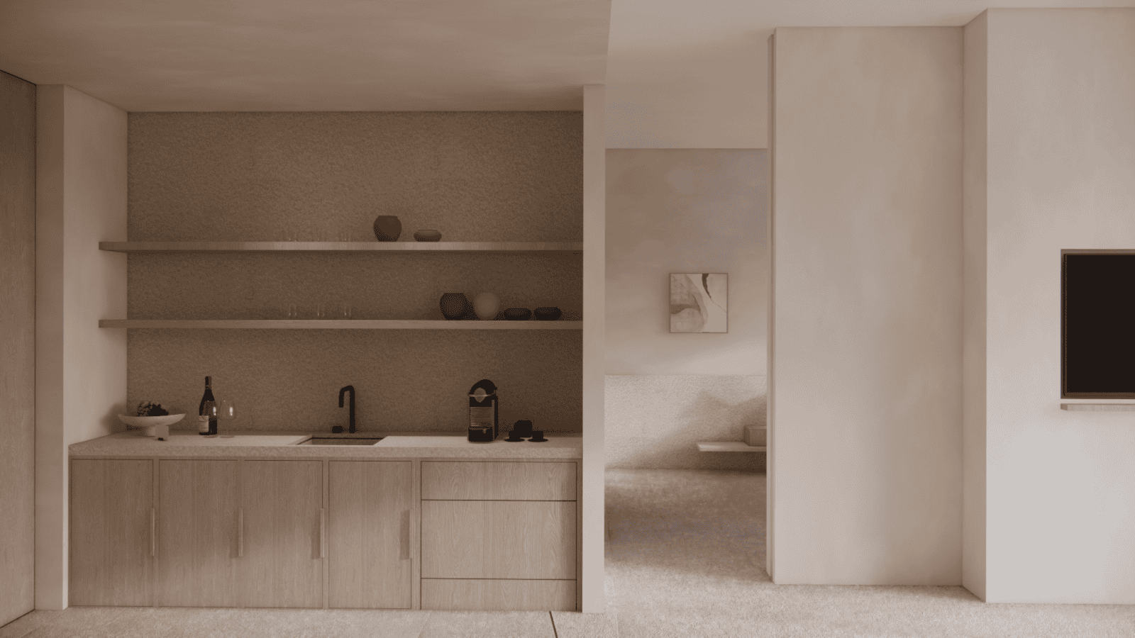 a bathroom with white walls