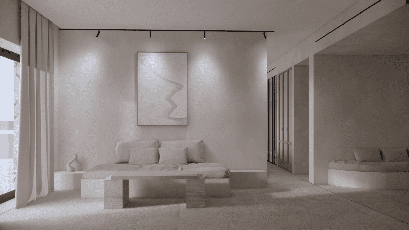 a room with a couch and a table