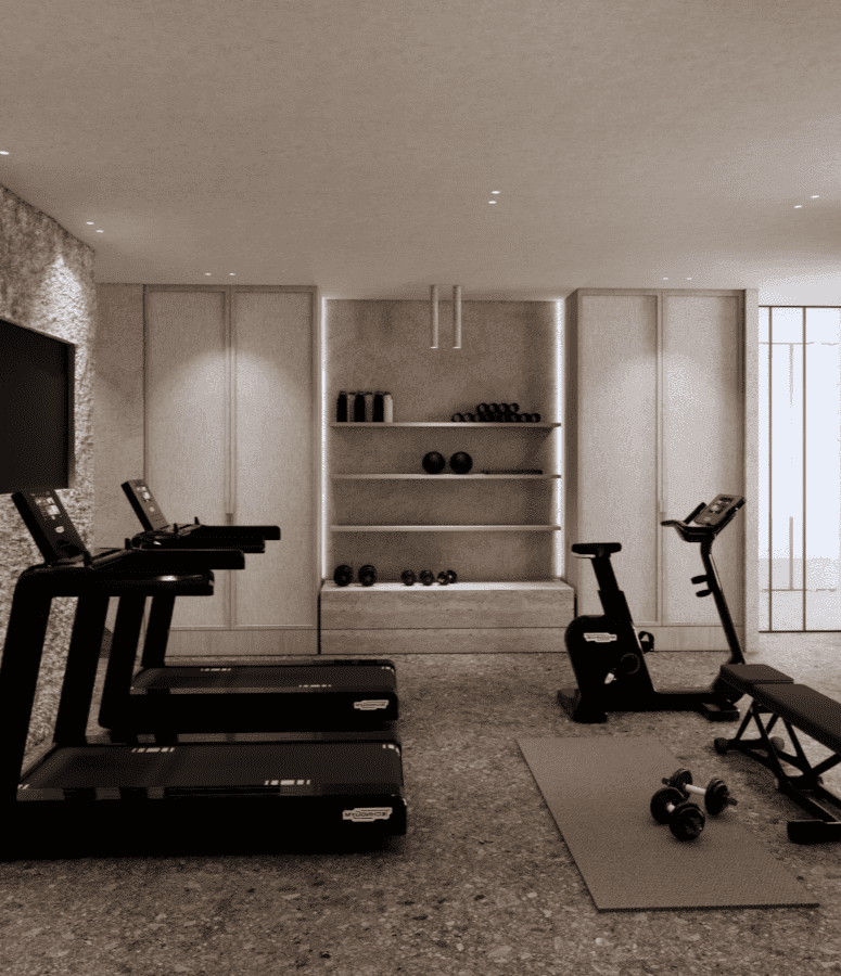 a room with a tv and a shelf with objects on it