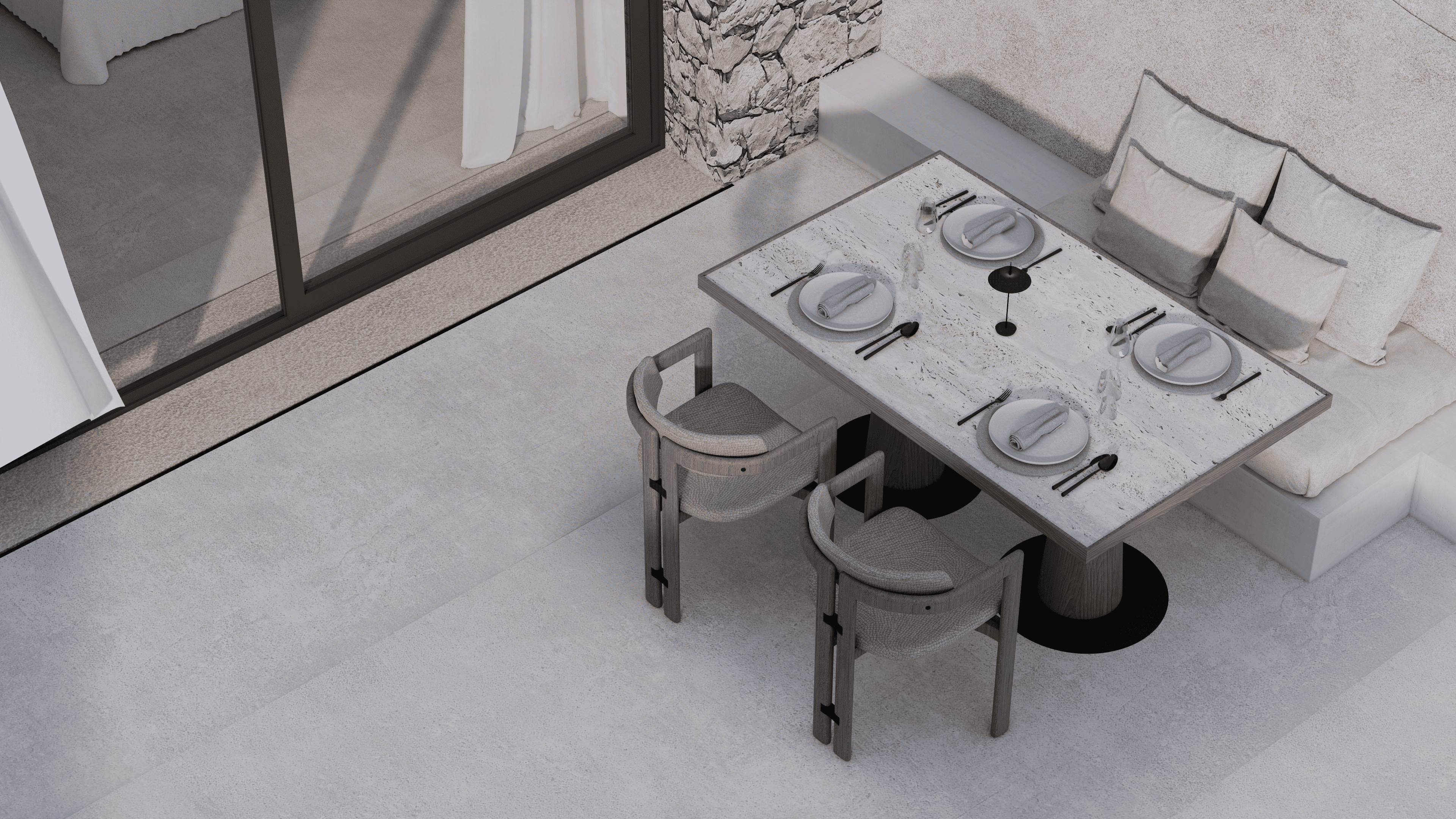 a white table with chairs around it