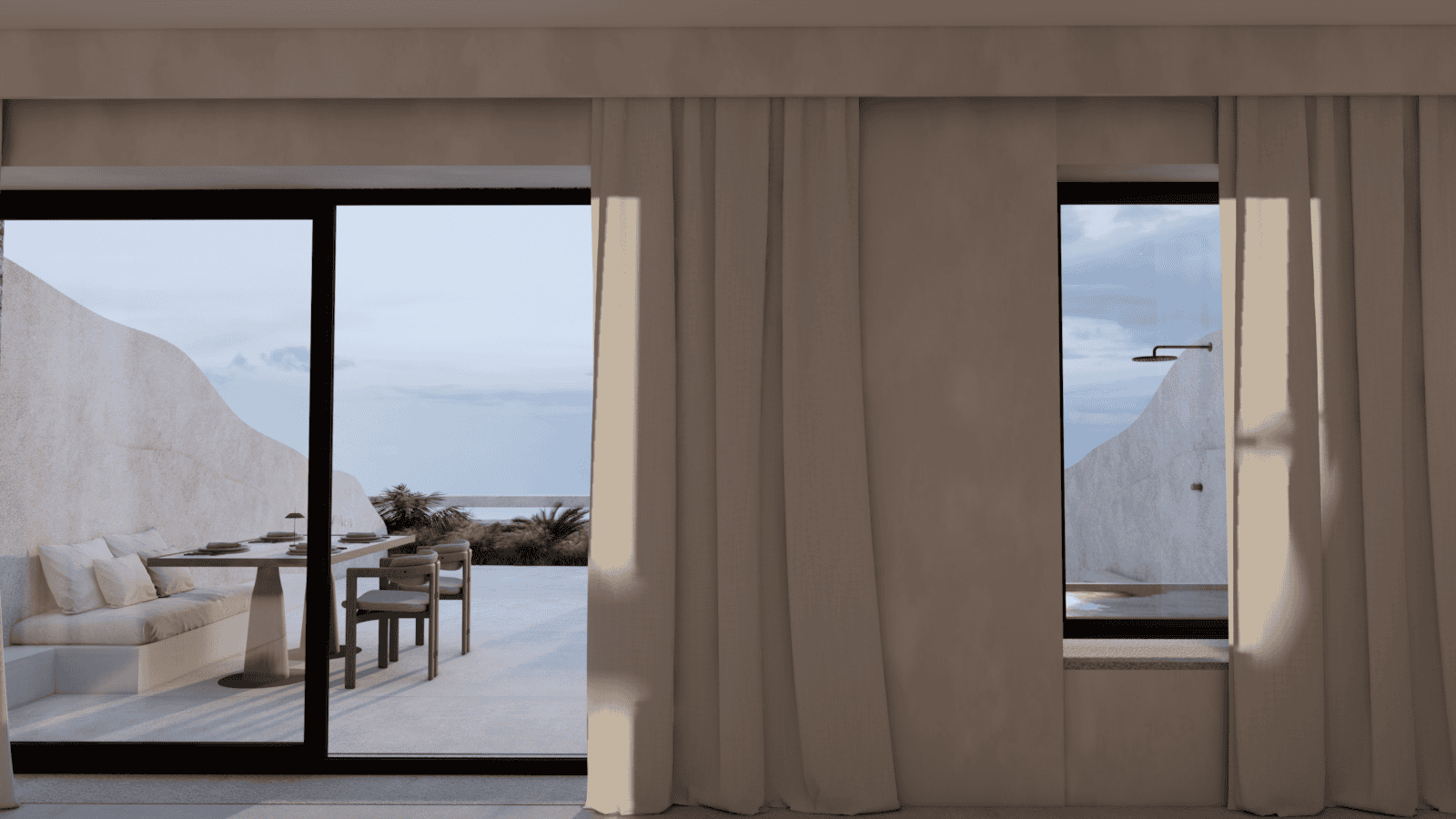 a room with a view of the ocean and mountains