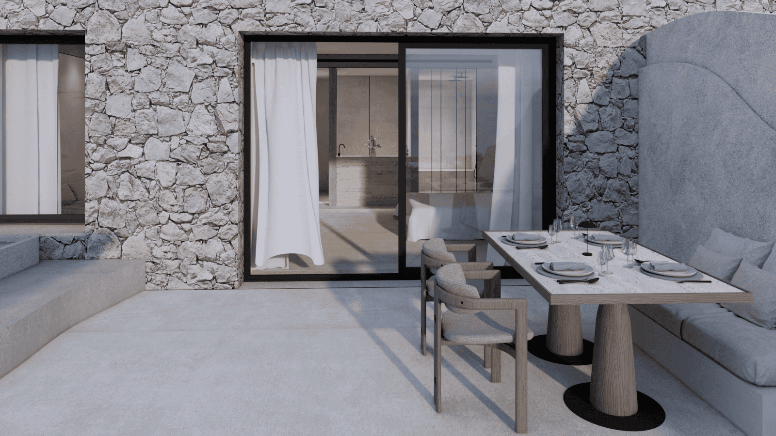 a room with a table and chairs