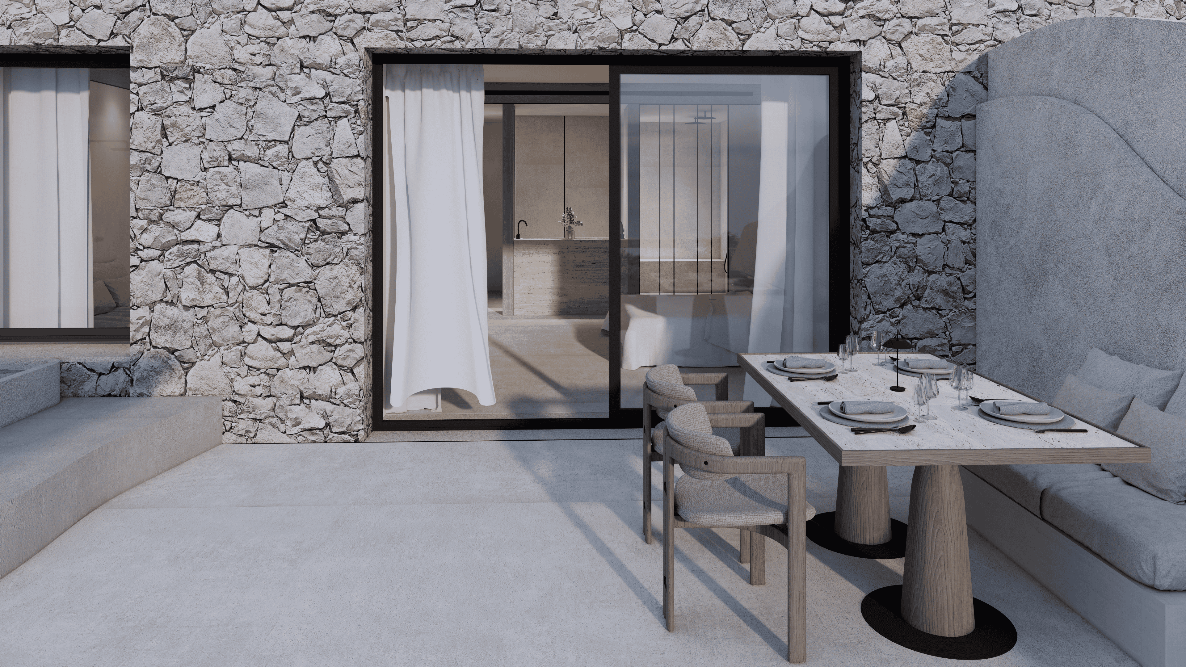 a room with a table and chairs