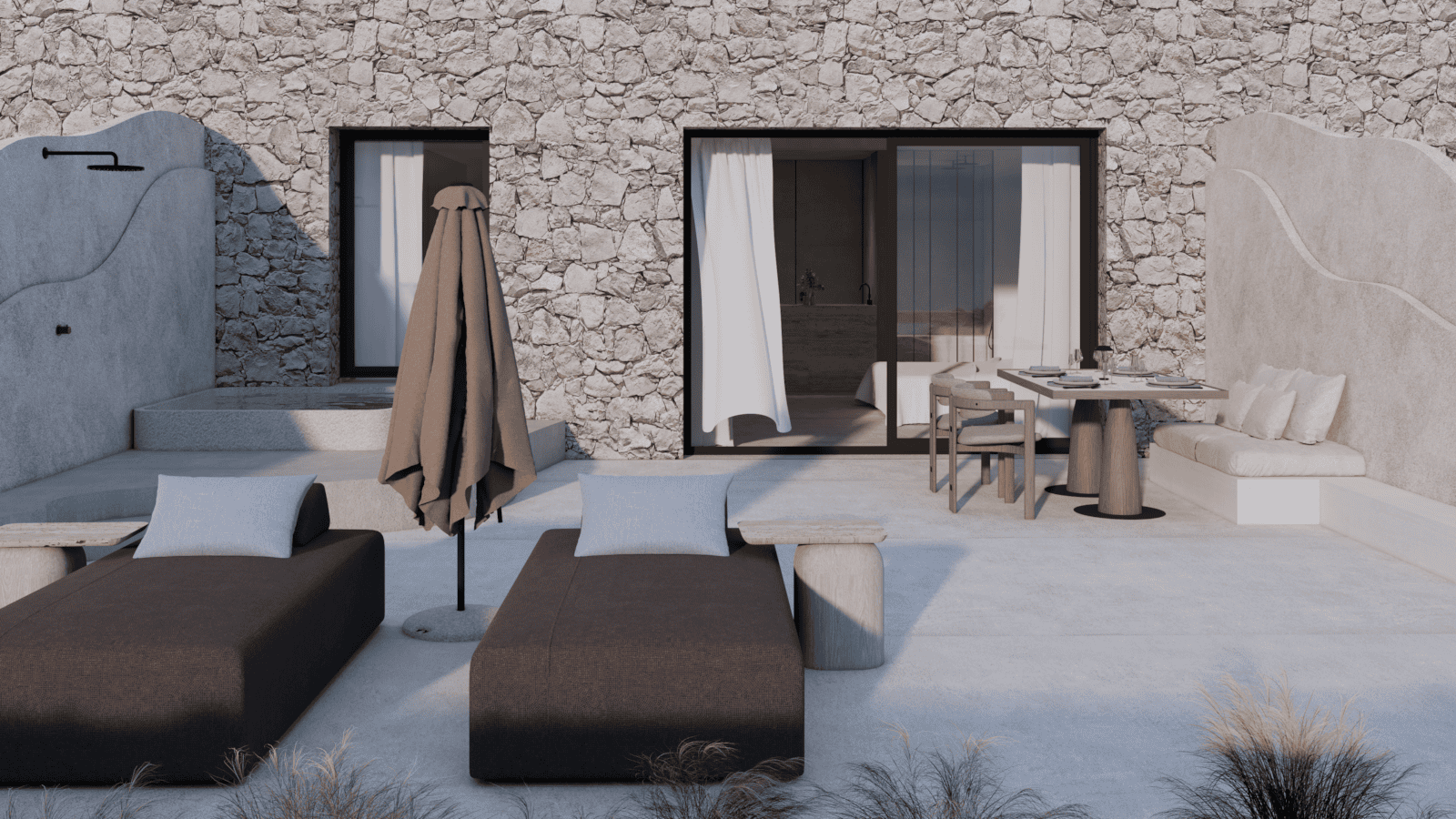 a room with a couch and a table and chairs