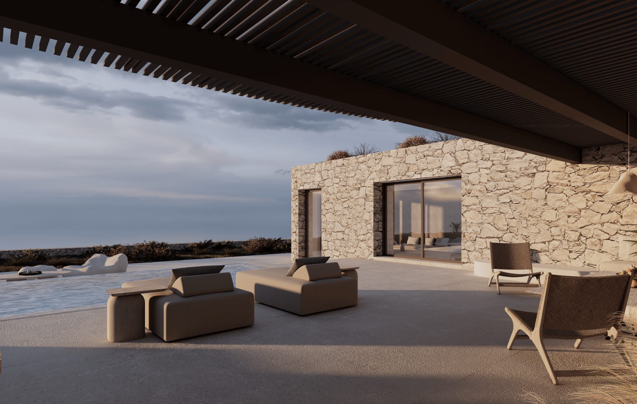 a patio with chairs and a table