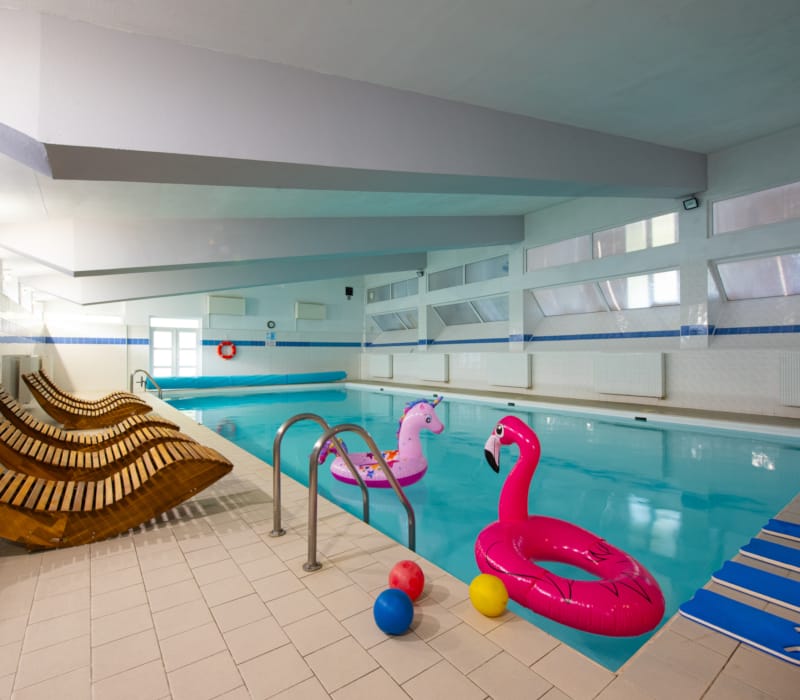 a swimming pool with a hammock and hammock